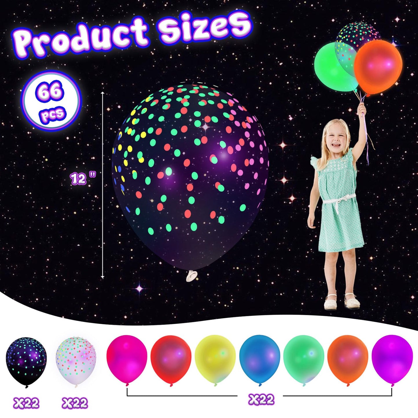 3 otters 66PCS Glow Balloons Assorted Colors, 12"" UV Neon Balloons with Small Dots Neon Glow in the Dark Balloons Fluorescent Balloons for Birthday Wedding Glow Party Supplies, Medium, HSHD2969