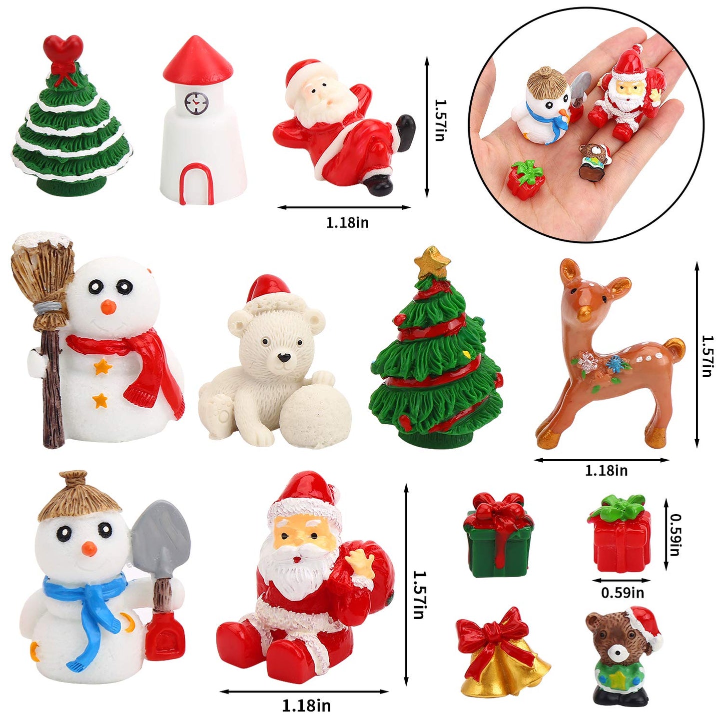 Christmas Miniature Figurines,30 Pcs Mini Crafts Resin Santa Claus Snowman Elk Ornaments Kit for DIY Christmas Fairy Garden and Snow Globes