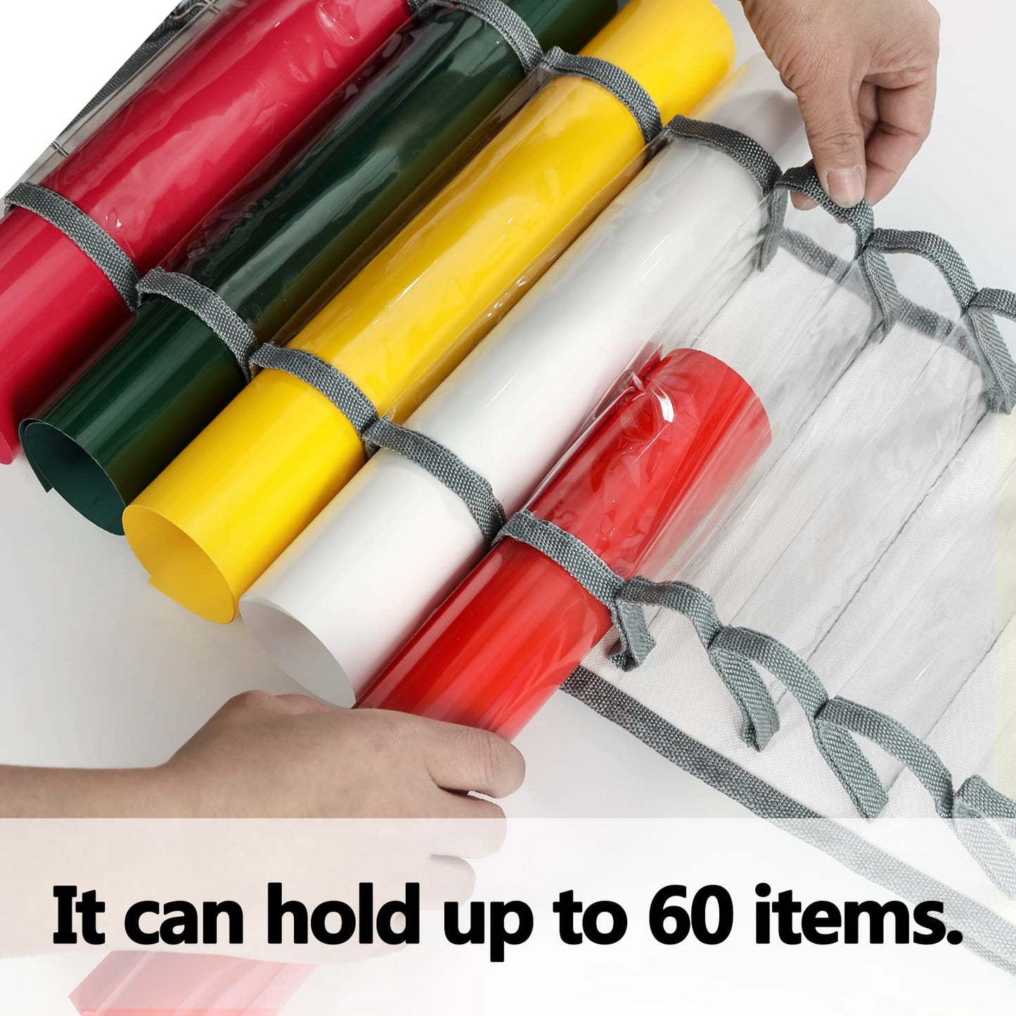 Vinyl Roll Holder with 60 Compartments and Keeper Door Hooks Strap, Clear Organizers Wall Mount for Home Craft Closet (Grey)