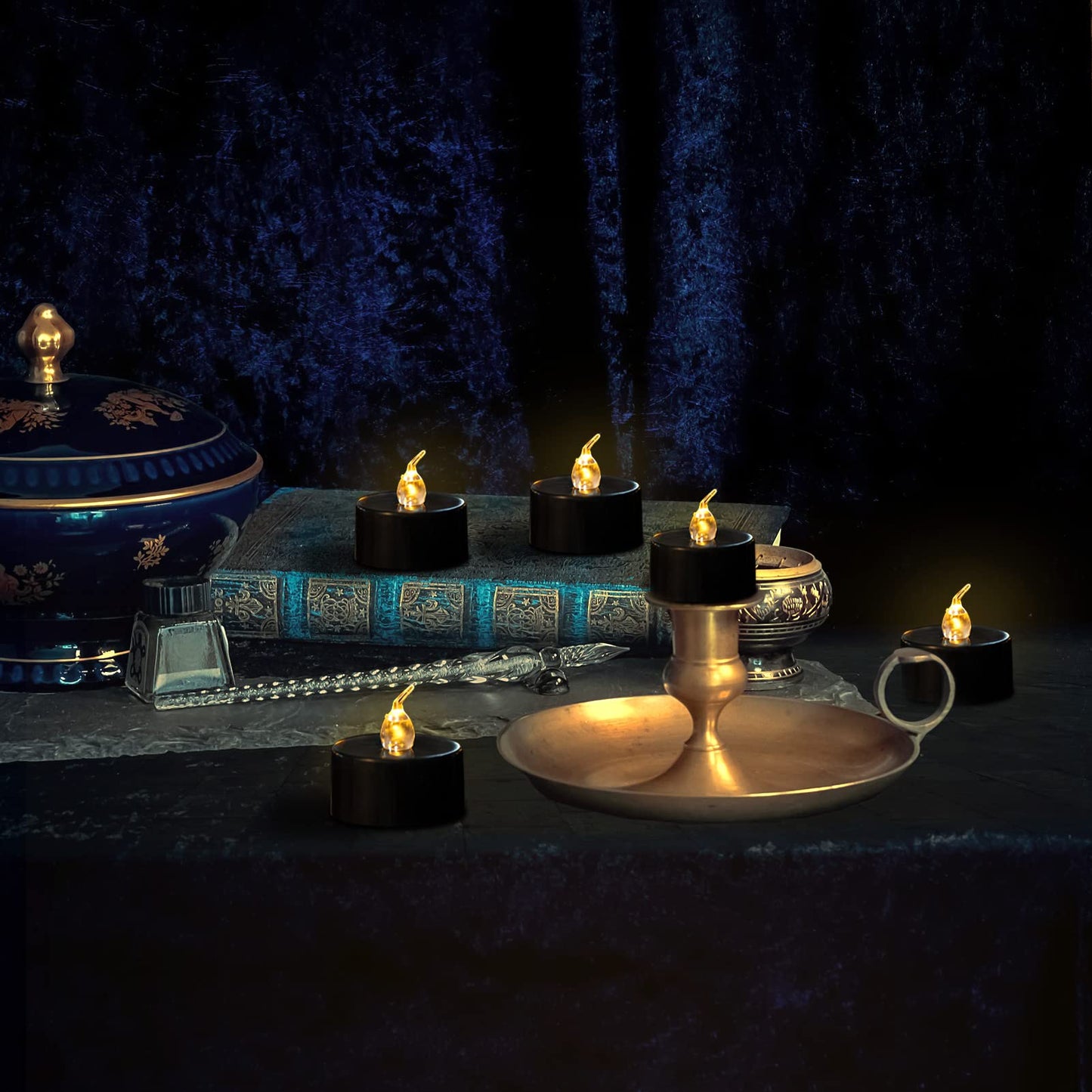 24 Pack Black Tea Lights Candles, Flickering Warm Yellow Flameless LED Tealights, Long Lasting Battery Operated Fake Candles, Decoration for Wedding, Halloween and Christmas