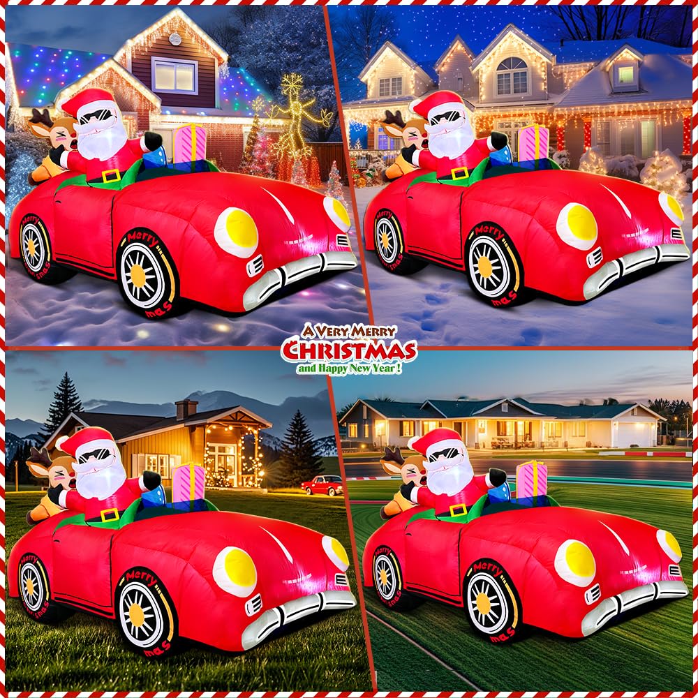 6.5 FT Christmas Inflatables Red Car Santa Claus and Reindeer Drive Truck Blow Up Giant Yard Decoration Bright LED Lights for Garden Yard Lawn Outdoor Indoor Holiday Xmas Gifts
