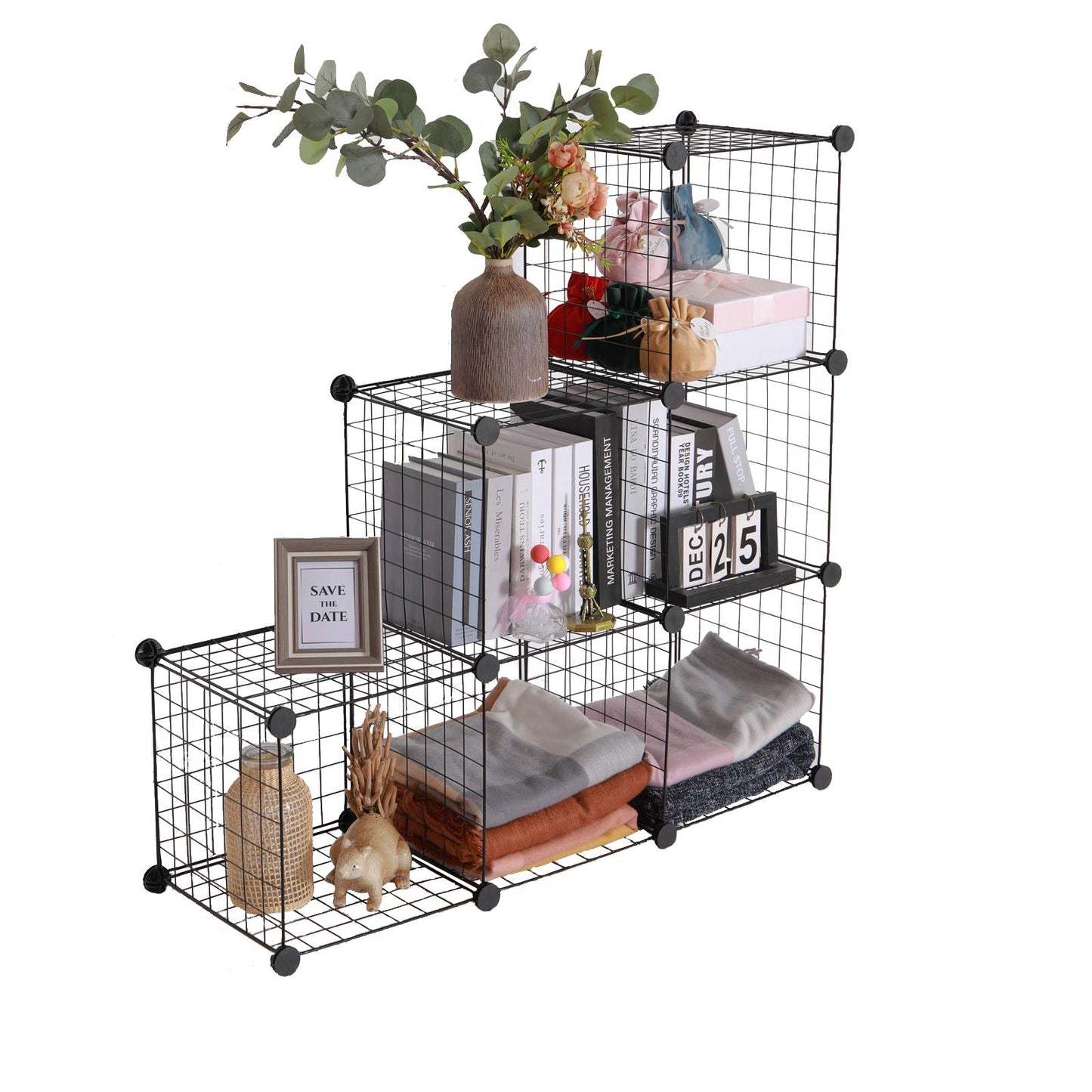 Cube Storage Organizer,6 Cube Closet Organizers and Storage,Wire Metal Grids Bookshelf,Stackable Modular Shelves,Cube Storage Organizer Bins for Home,Office,Kids Room,Black