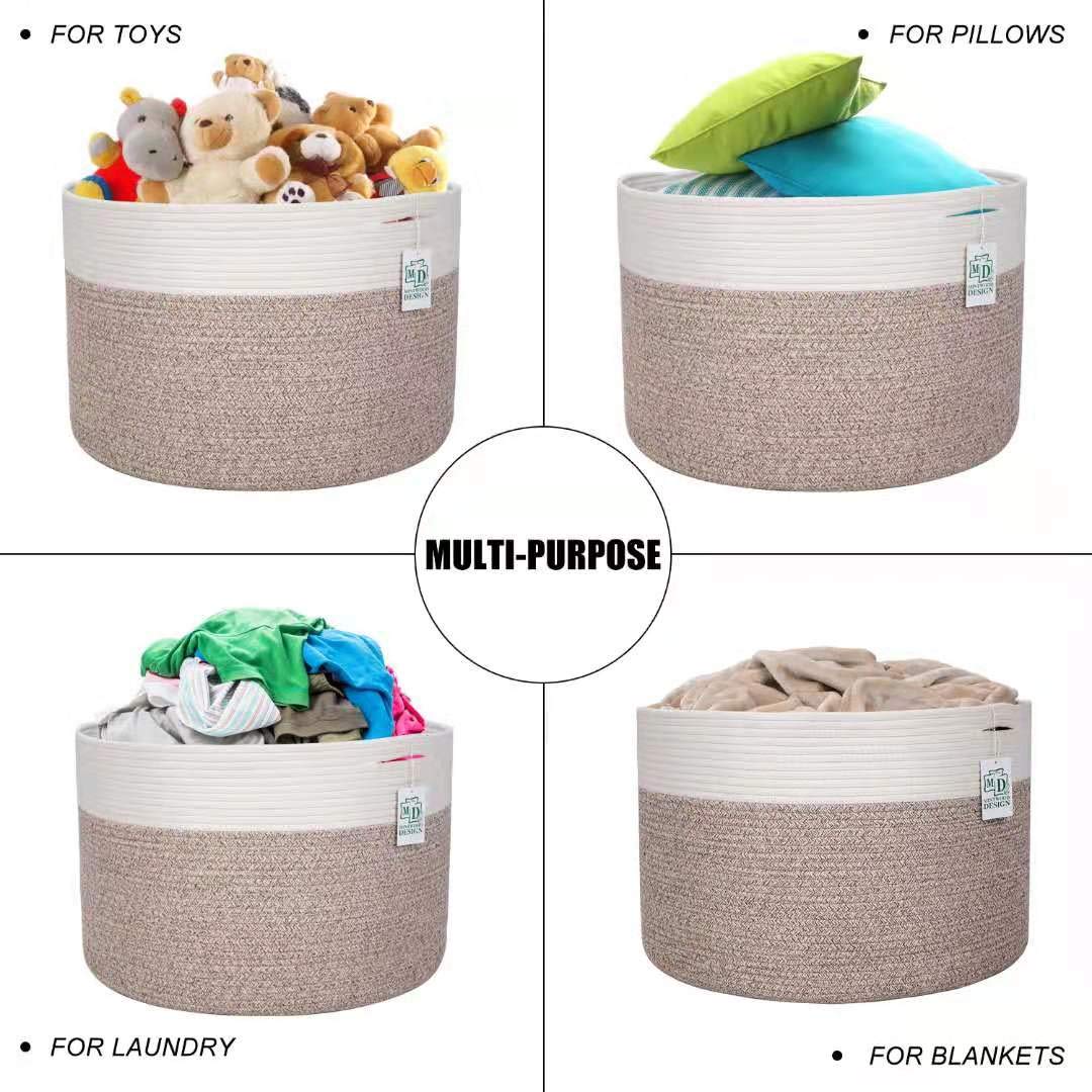 Design Extra Large 22 x 14in Decorative Blanket Basket for Living Room, Laundry Basket, Woven Cotton Rope Basket, Dog Toy Storage Bin Baskets, Round Basket for Pillows Towels, Light Brown