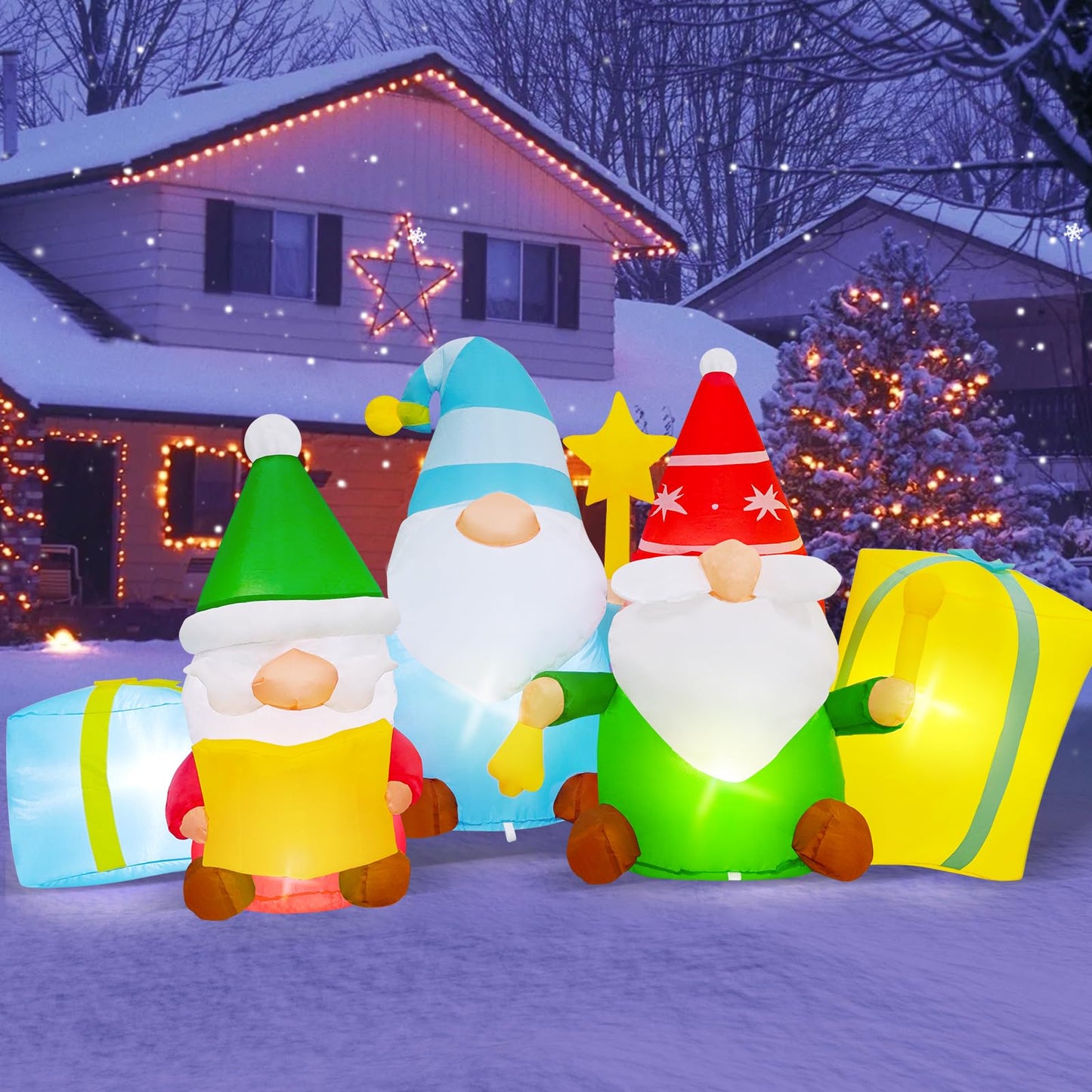 6 FT Long Christmas Inflatables 3 Gnomes Reading The Bible and Ringing The Bell Outdoor Decorations, Build in LEDs Inflatable Christmas Gnome Blow Up Yard Décor Holiday Xmas Indoor Patio Lawn