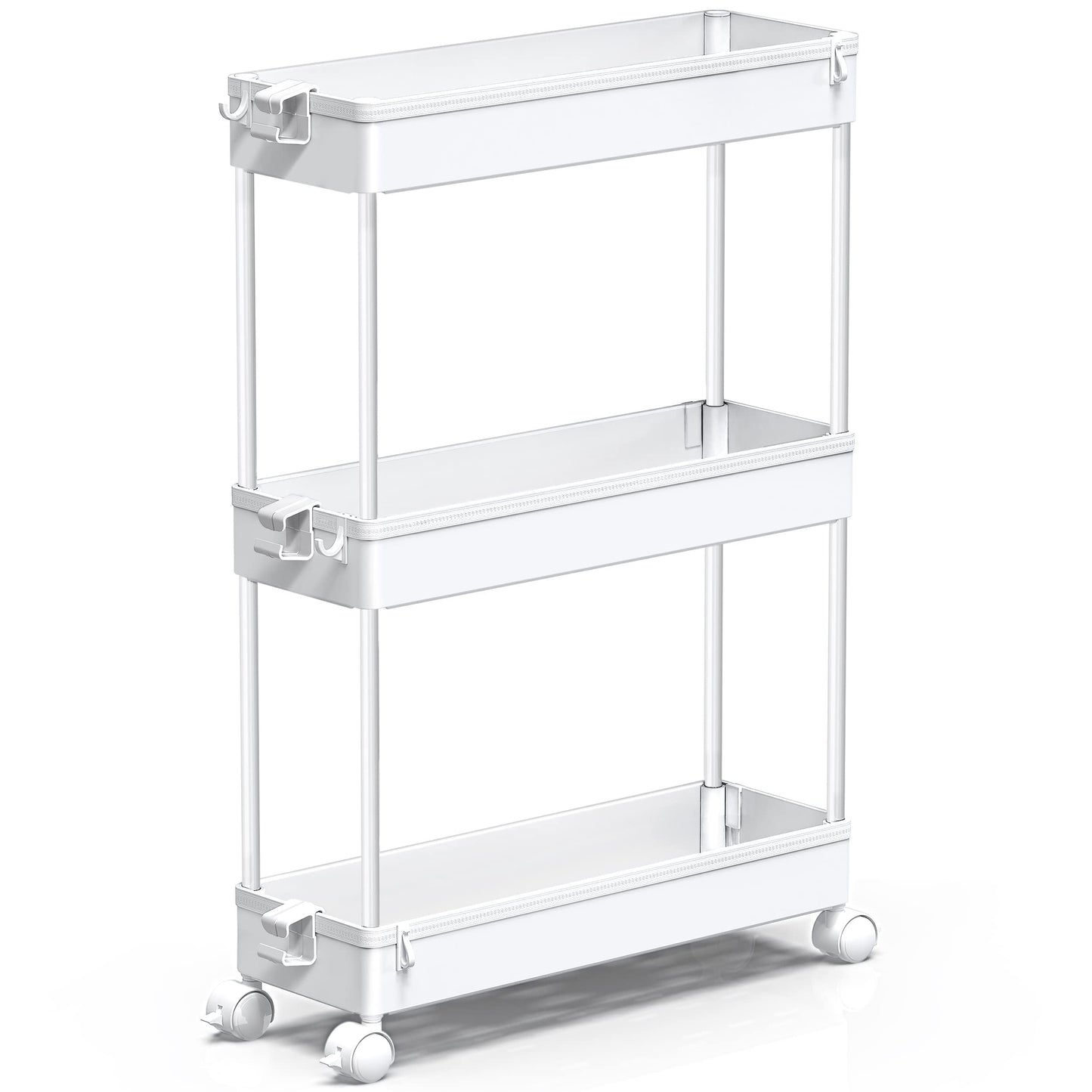 Slim Rolling Storage Cart, 3 Tier Bathroom Storage Organizer Laundry Room Utility Cart Mobile Shelving Unit, Multi-Purpose for Kitchen Office Bathroom Laundry Narrow Places, White