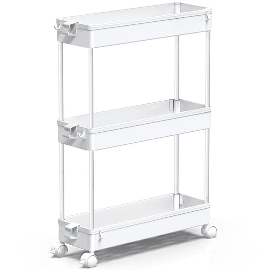 Slim Rolling Storage Cart, 3 Tier Bathroom Storage Organizer Laundry Room Utility Cart Mobile Shelving Unit, Multi-Purpose for Kitchen Office Bathroom Laundry Narrow Places, White