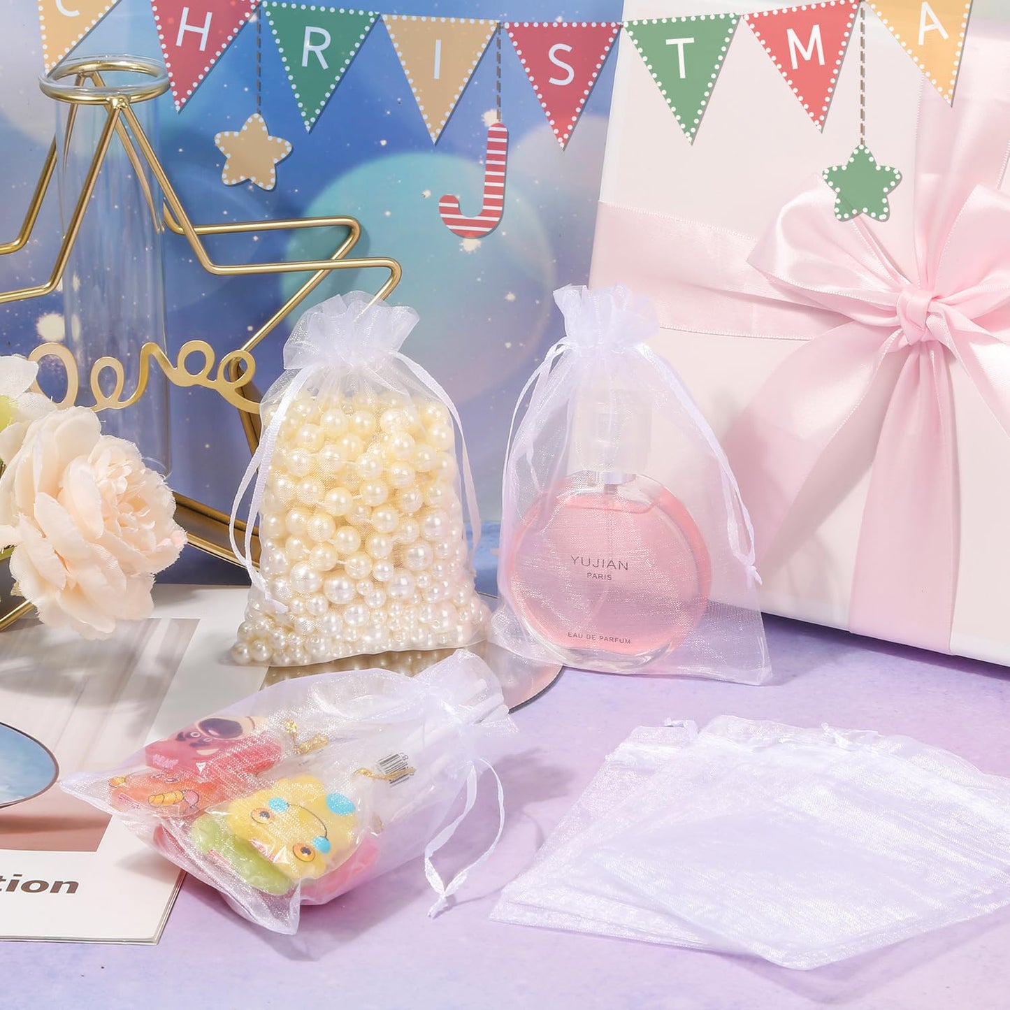 100PCS Premium Sheer Organza Bags, White Wedding Favor Bags, 4x4.72 Jewelry Gift Bags for Party, Jewelry, Christmas, Festival, Bathroom Soaps, Makeup Organza, Wrapping Supplie