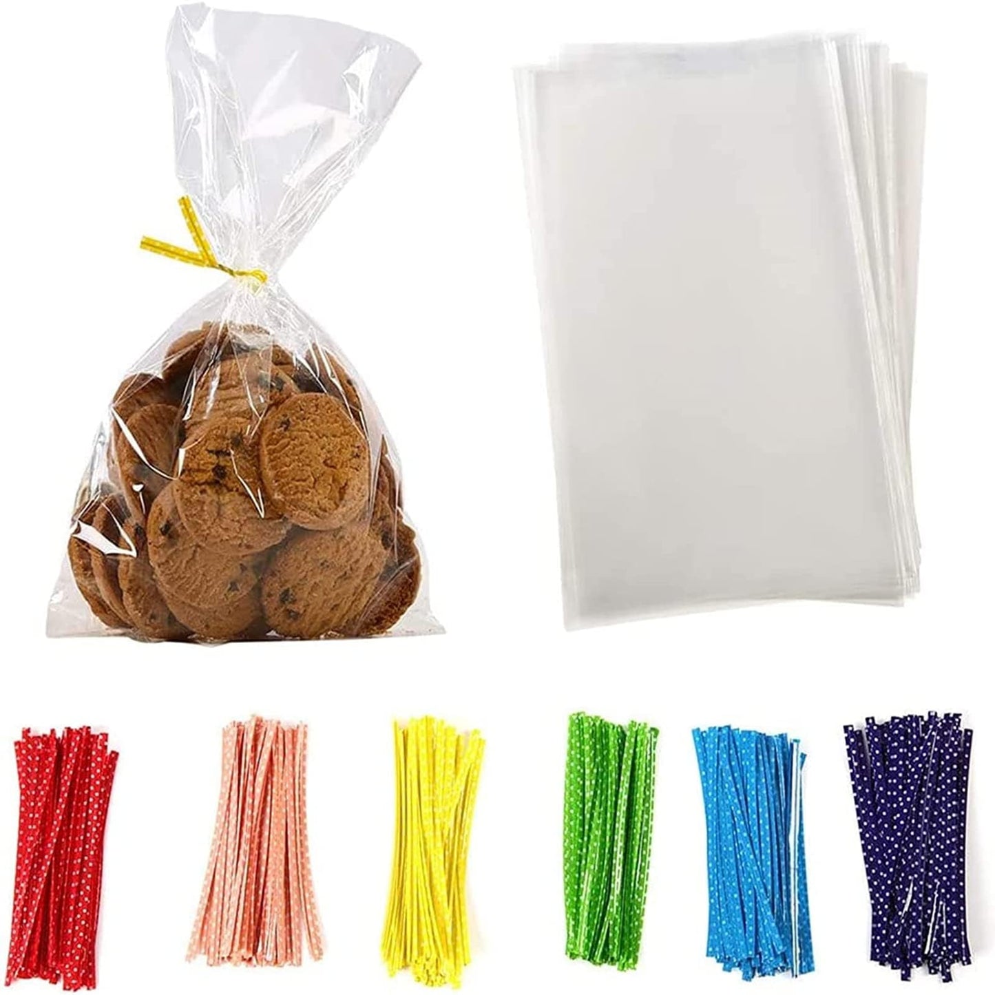 100 Pcs 8 in x 6 in Clear Flat Cello Cellophane Treat Bags Good for Bakery,Popcorn,Cookies, Candies,Dessert, Birthday 1.4mil.Give Metallic Twist Ties!