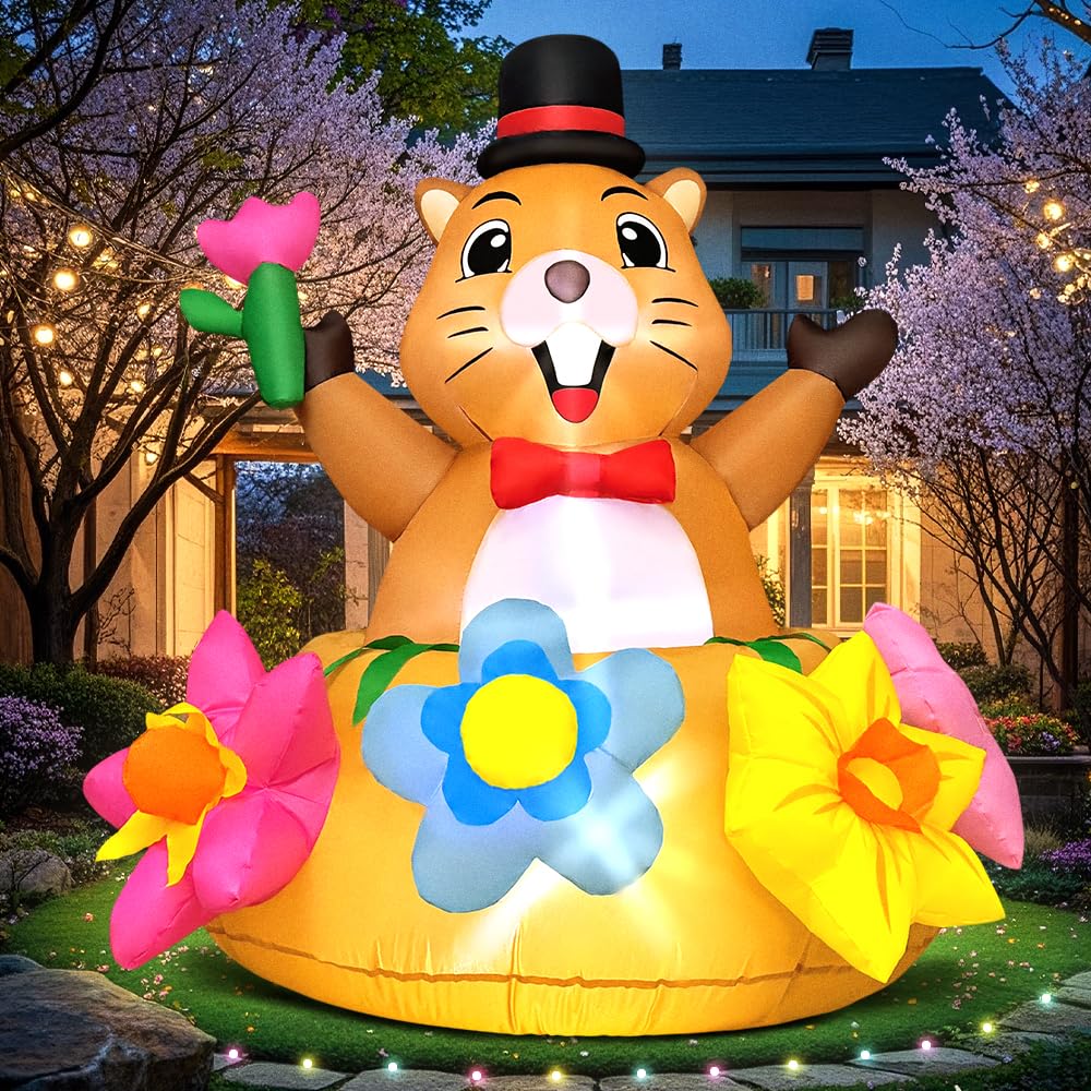 4 FT Spring Inflatable Marmot Outdoor Decoration Blow up Animal Decoration, Built-in LED Lights for Spring Easter Yard Garden Lawn Party