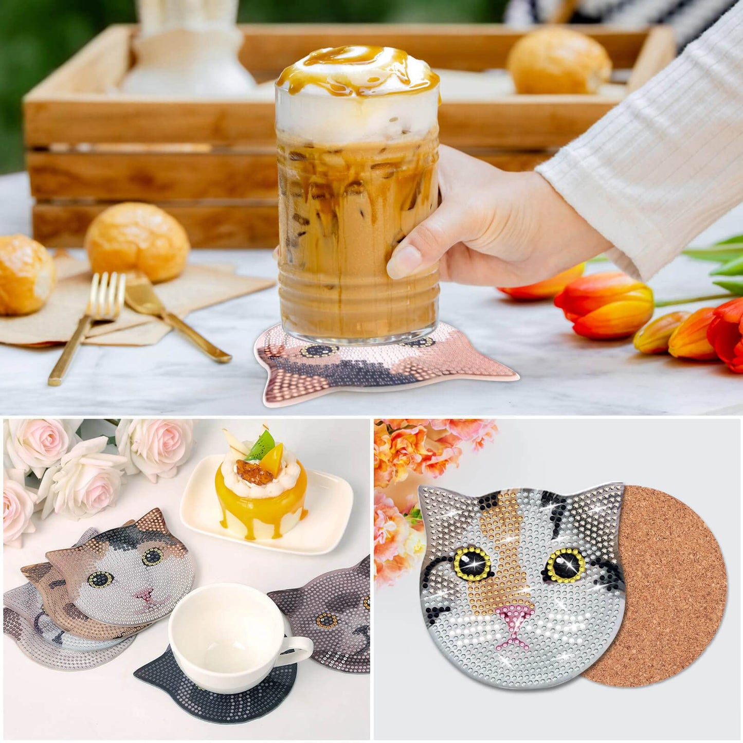 8 Pieces Diamond Art Painting Coasters Kit with Holder, Diamond Art Coasters, DIY Diamond Art Crafts Projects, Diamond Dot Kits for Adults and Beginners(Cat Style)