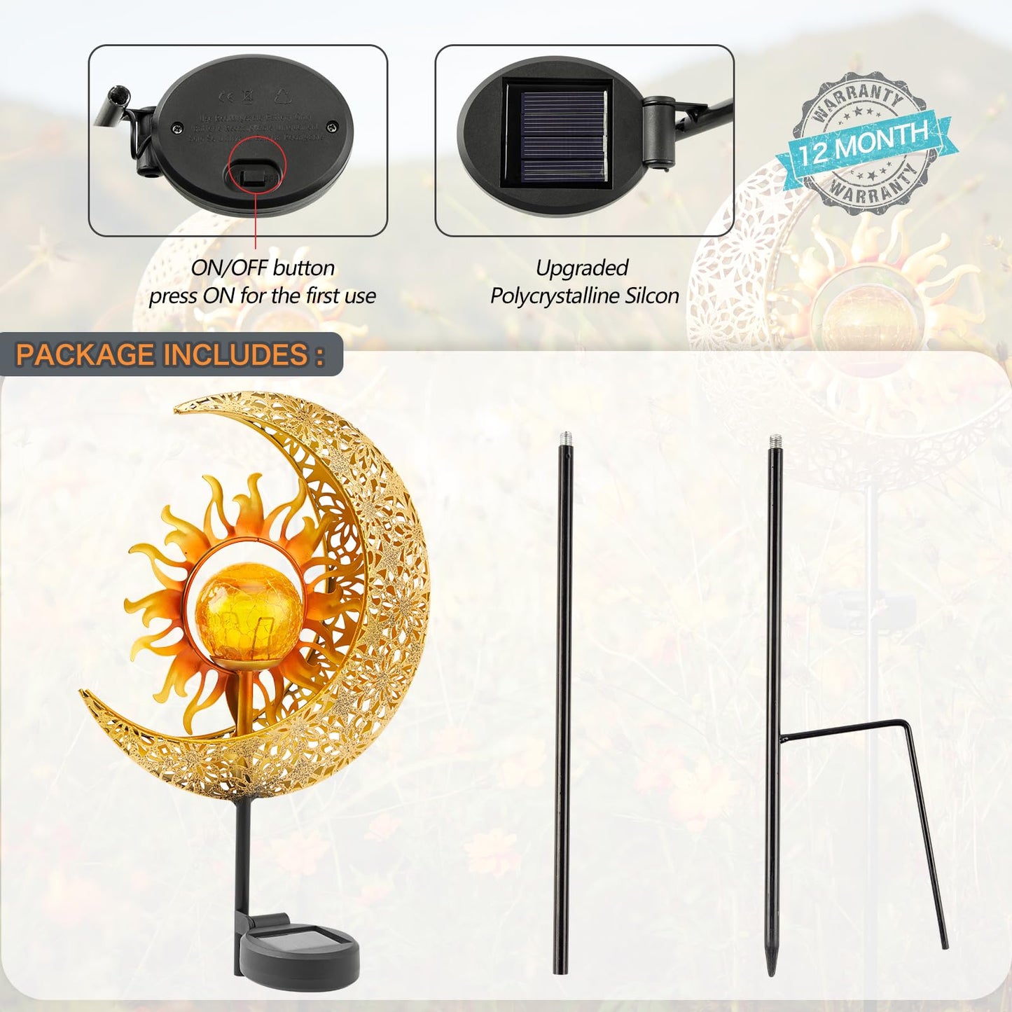 Garden Solar Lights Outdoor Decorative, Sun & Moon Crackle Glass Globe Metal Stake Light, Waterproof Warm White LED Light, Decorations for Pathway Lawn Patio Courtyard Backyard (1 Pack)