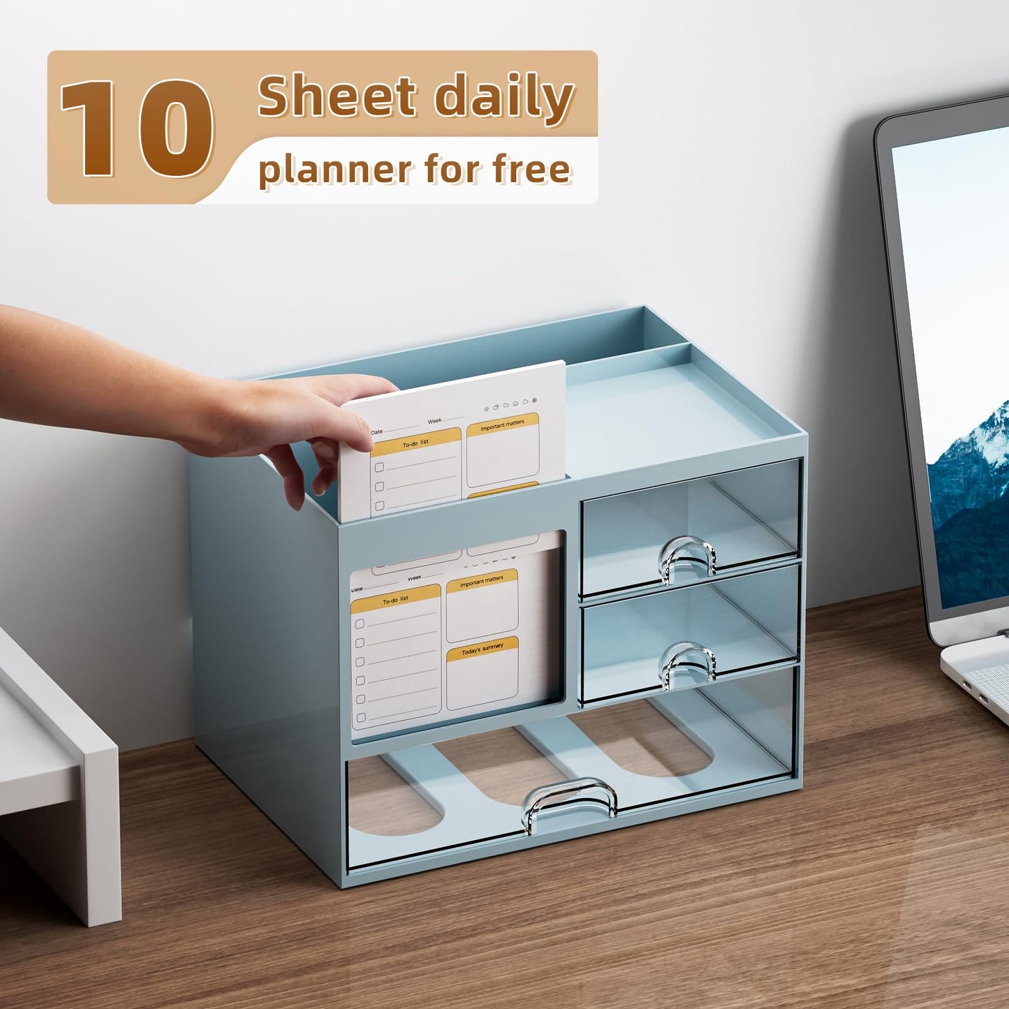 Desk Organizer with 3 Drawer, Multi-Functional Pencil Pen Holder for Desk, Desktop Organizer Storage for Office Home Art Supplies (Blue)