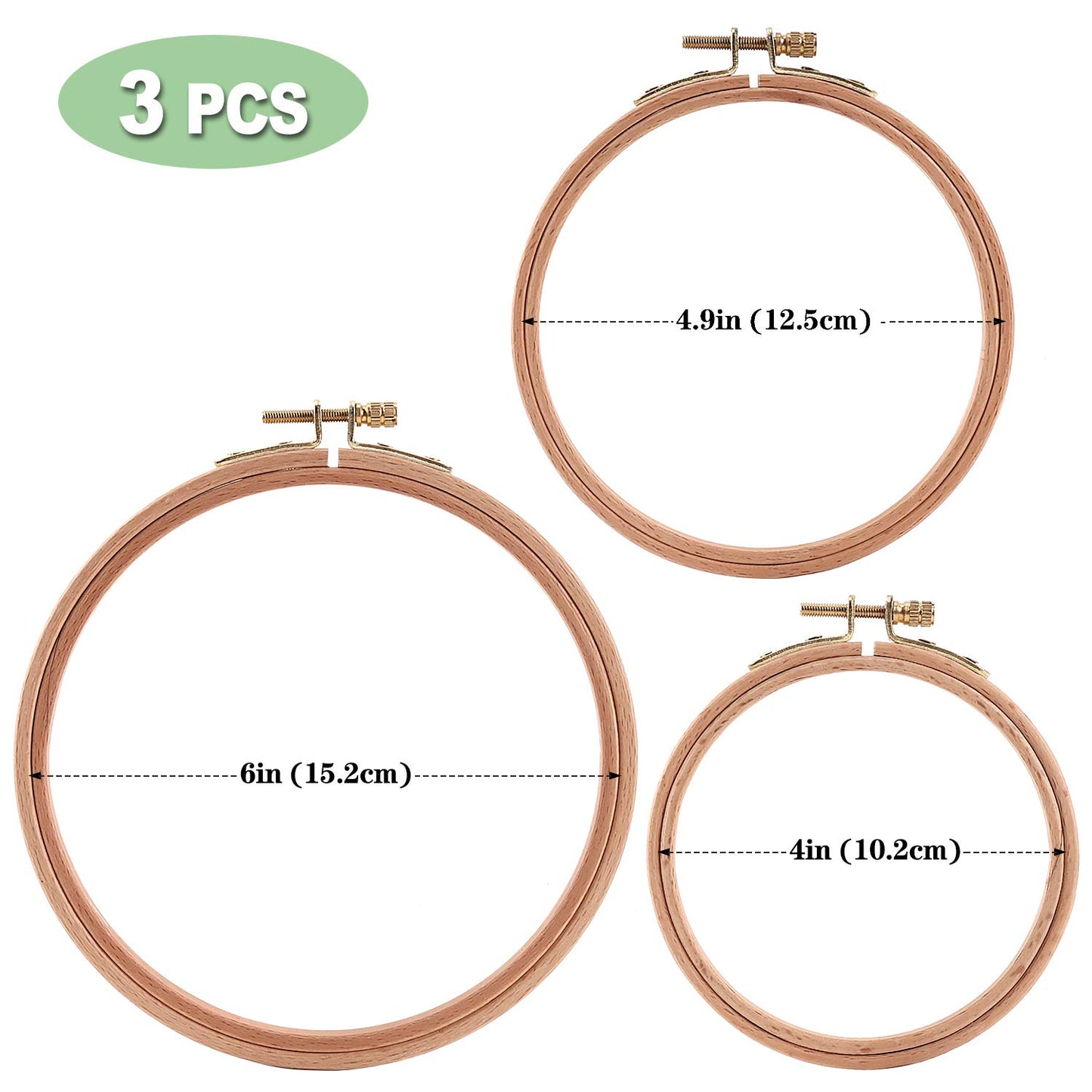 3 Pieces Beech Wood Embroidery Hoops Set by 4 Inch to 6 Inch Circle Hoop Ring Cross Stitch Cotton for DIY Embroidery Floss Starter of Sewing Art Kits Crafts