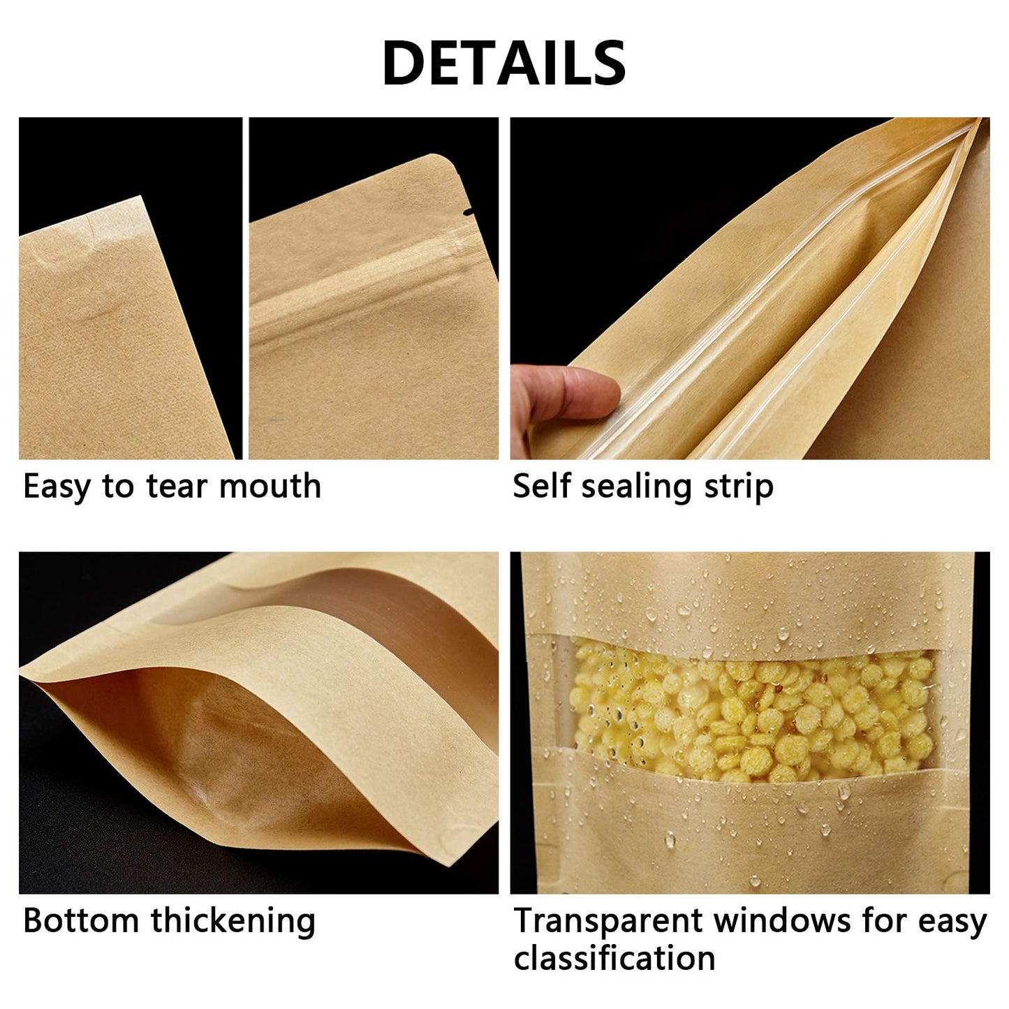 100 Pcs Resealable bags,3.5" x 5.5" Stand Up Kraft Paper Bags with Matte Window, Zip Lock Food Storage Bags for Packaging Products, Reusable, Sealable