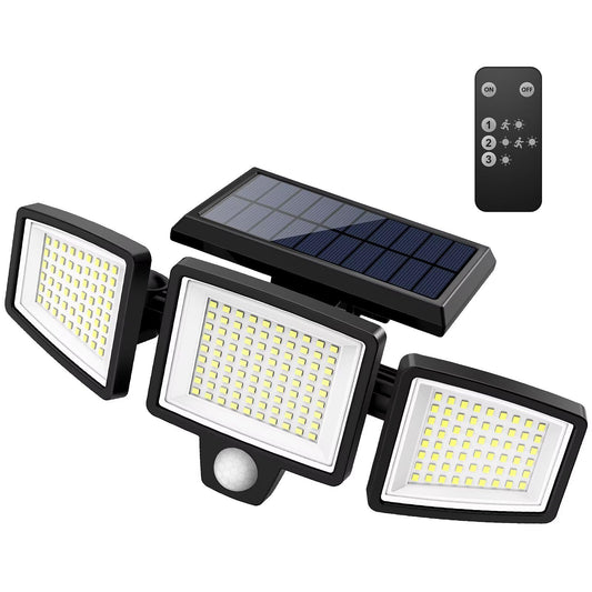Solar Outdoor Lights 2500LM 210 LED Security Lights with Remote Control,3 Heads Motion Sensor Lights, IP65 Waterproof,270° Wide Angle Flood Wall Lights with 3 Modes (1 Pack)
