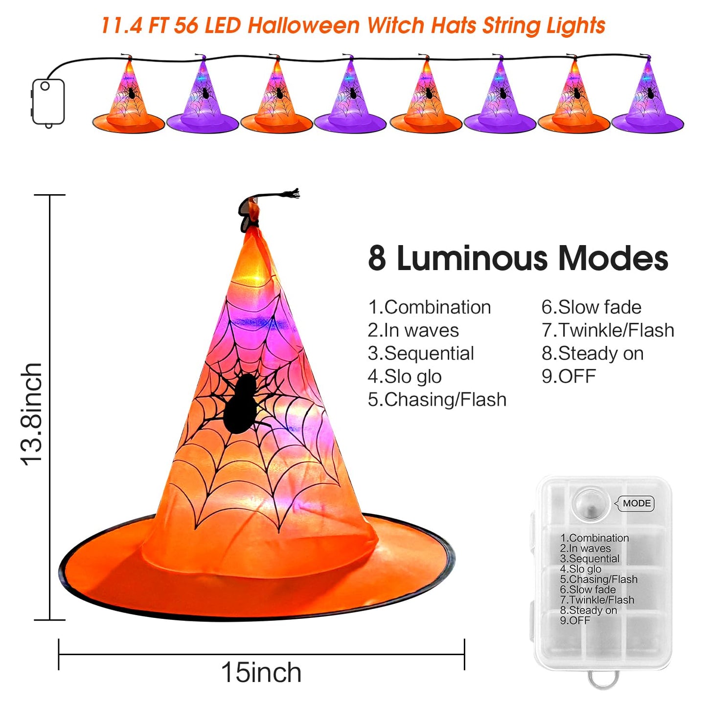 Halloween Decorations 8 Pcs Lighted Hanging Witch Hats, 14ft 56 LEDs Halloween Indoor Outdoor Remote Control String Lights, Battery Powered with 8 Lighting Modes for Garden, Yard, Tree