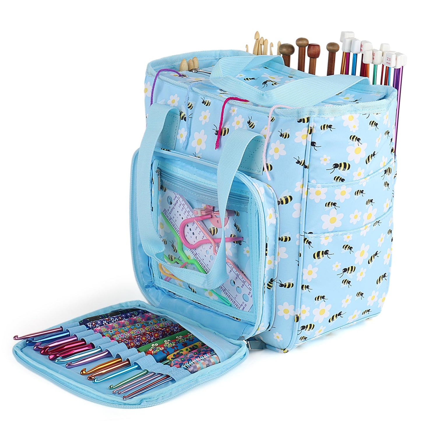 Portable Crochet Bag Organizer, Yarn Storage Organizers and Storage Organized for Crochet Hooks, Knitting Needles, Skeins of Yarn, Knitting & Crochet Supplies, Bees & Flowers (No Accessories)