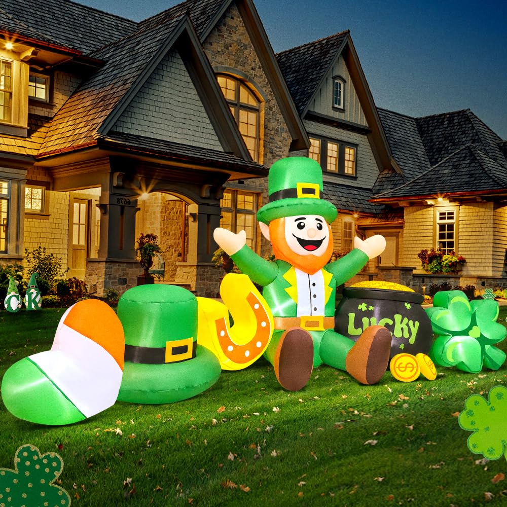 8 FT Long St Patricks Day Inflatables Outdoor Decorations,Inflatable Leprechaun with Clover & Gold Coins Combo Blow Up Yard Decorations for Holiday Party Yard Lawn Garden