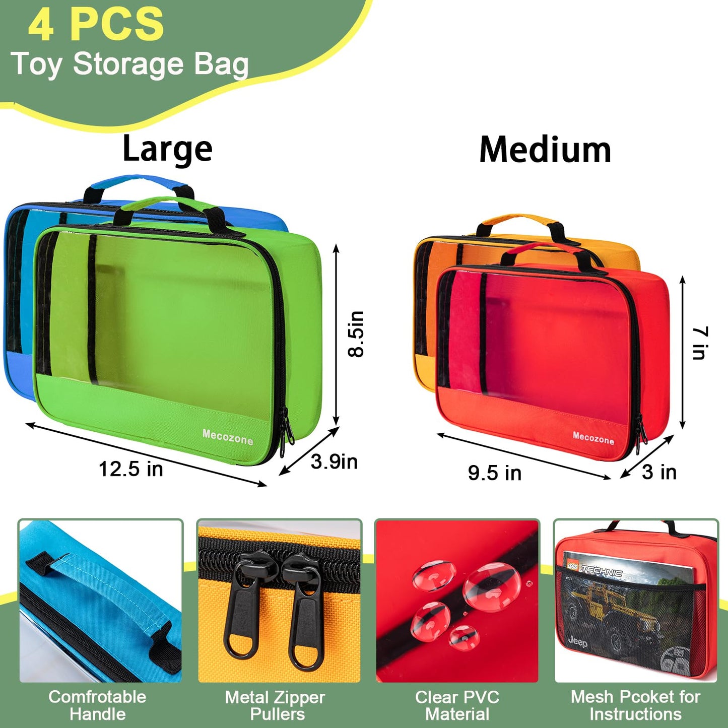 4 PCS Toys Storage Bag, Classic Bricks Building Set Storage Bag, Travel Case for Building Toys, Puzzles, Small Large Size