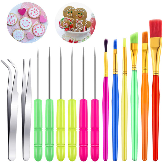 14 Pcs Cookie Decorating Tools Set Fondant Cake Decorating Brushes Scribe Cookie Tool Sugar Stir Needle Baking Elbow and Straight Tweezers for Sprinkles Supplies for Fondant