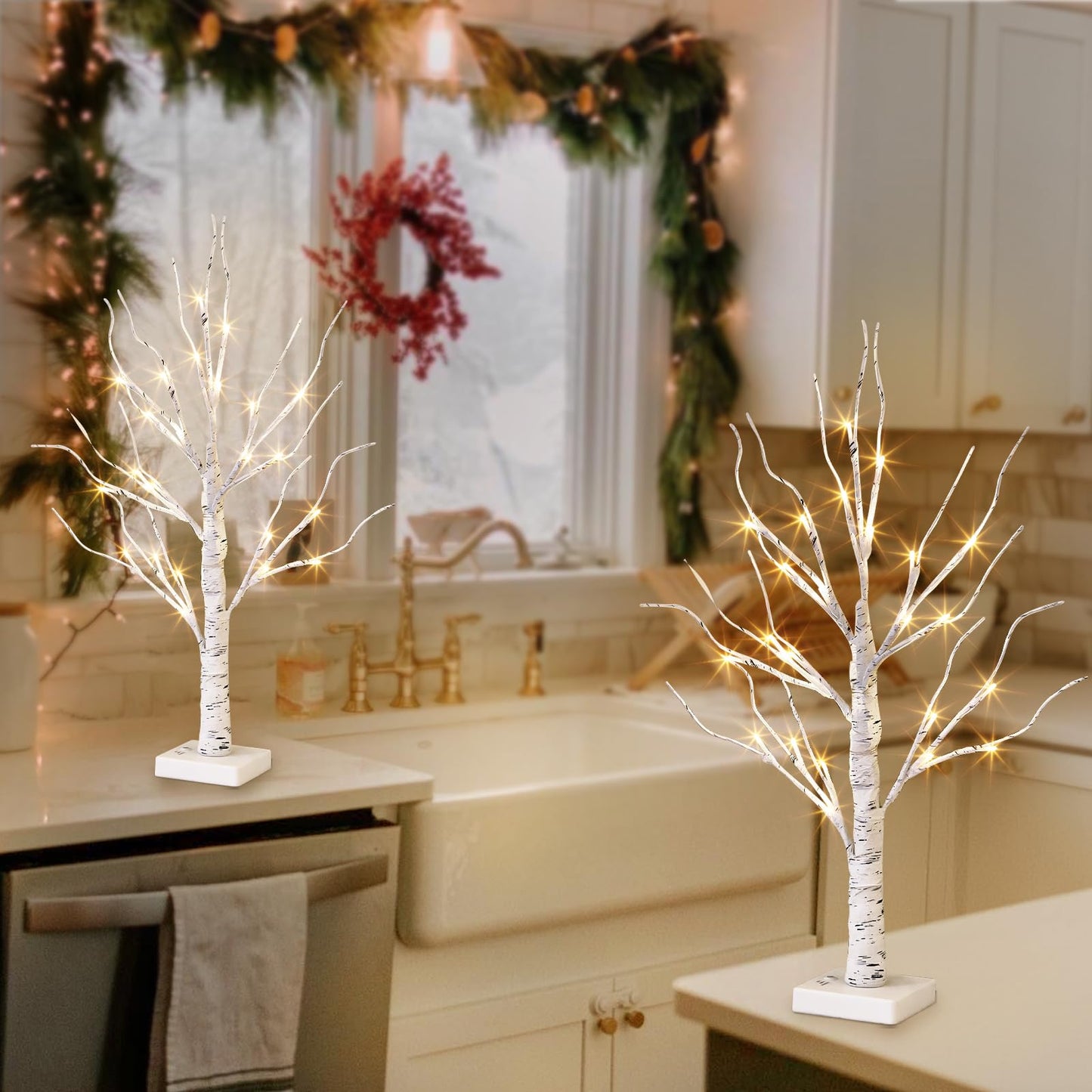 White Birch Tree with LED Lights - Set of 2, Tabletop Tree with Timer, Christmas Decorations Lighted Tree for Indoor Mantel Home Decor (2 FT, 24 LED)
