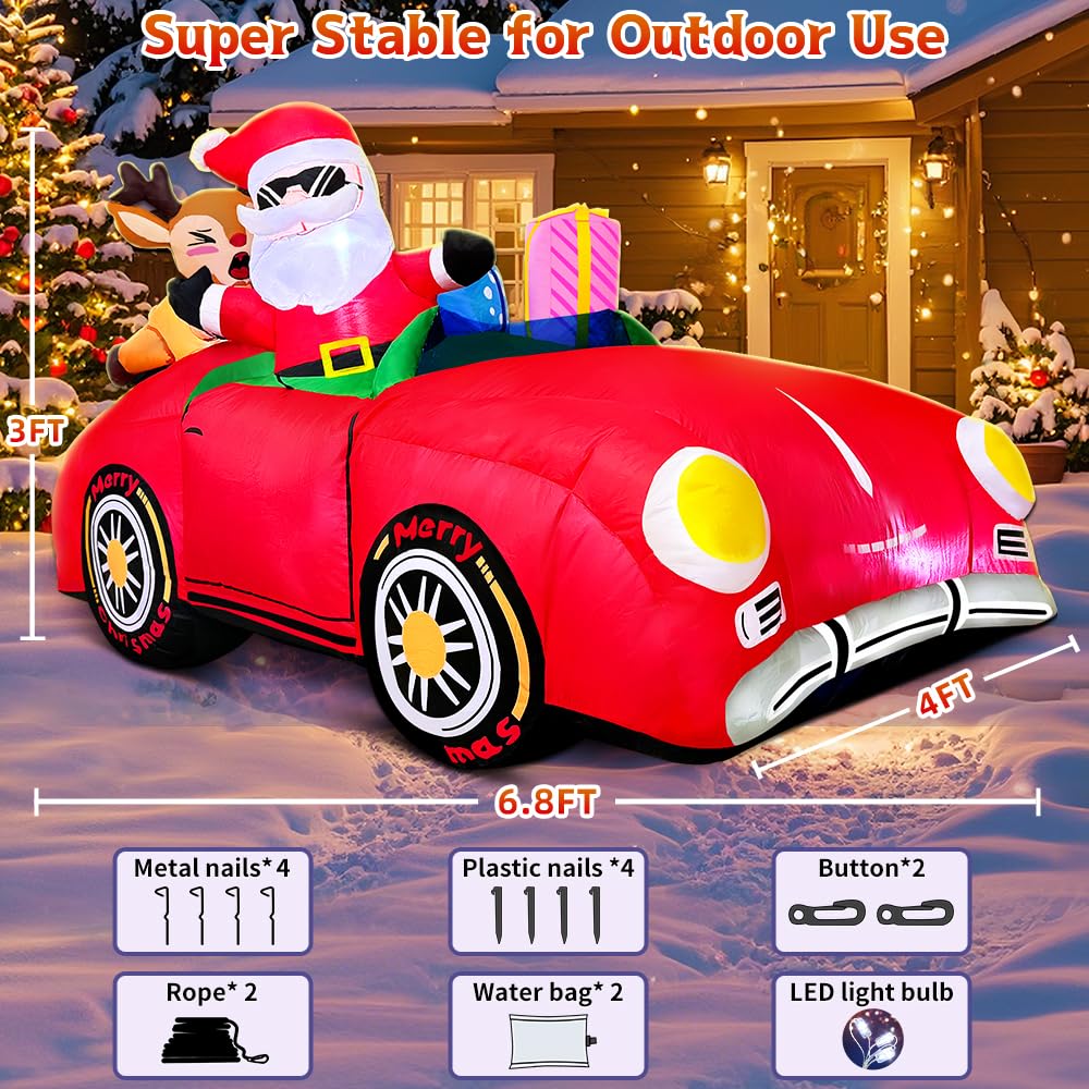 6.5 FT Christmas Inflatables Red Car Santa Claus and Reindeer Drive Truck Blow Up Giant Yard Decoration Bright LED Lights for Garden Yard Lawn Outdoor Indoor Holiday Xmas Gifts