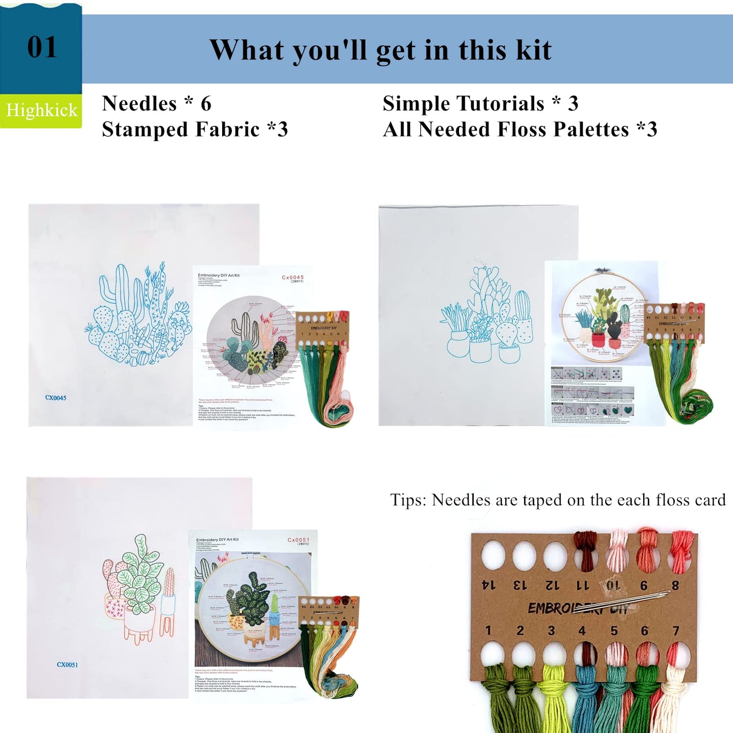 Embroidery Starter Kits for Adults Beginners with Stamped Pattern, Embroidery Floss + Needles + Hoop, Cactus Series, 3 Pack