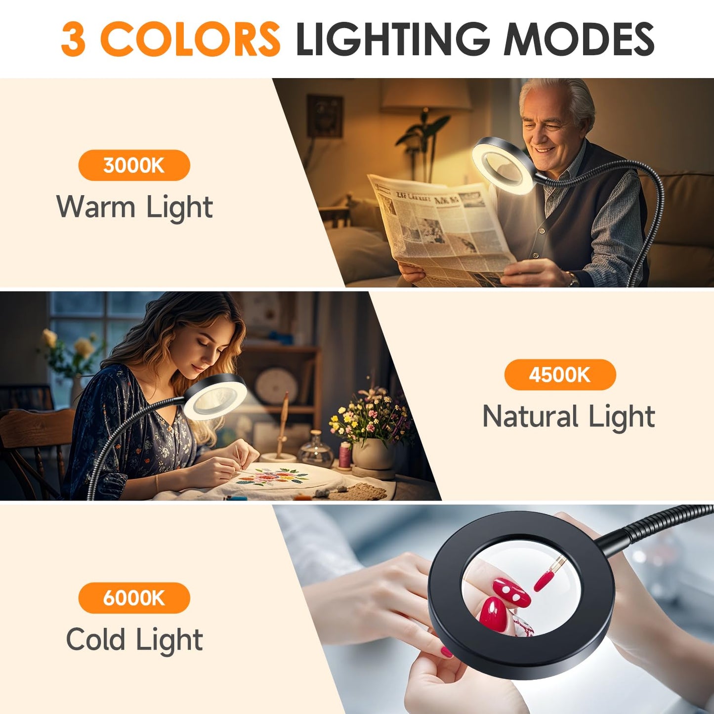 Magnifying Glass with Light 5X, 9w Clip on Light, 48 LED Desk Lamp wtih Clamp Light, 3 Modes Dimmable Magnifying LED Lamps for Bed Work Crafts Workbench