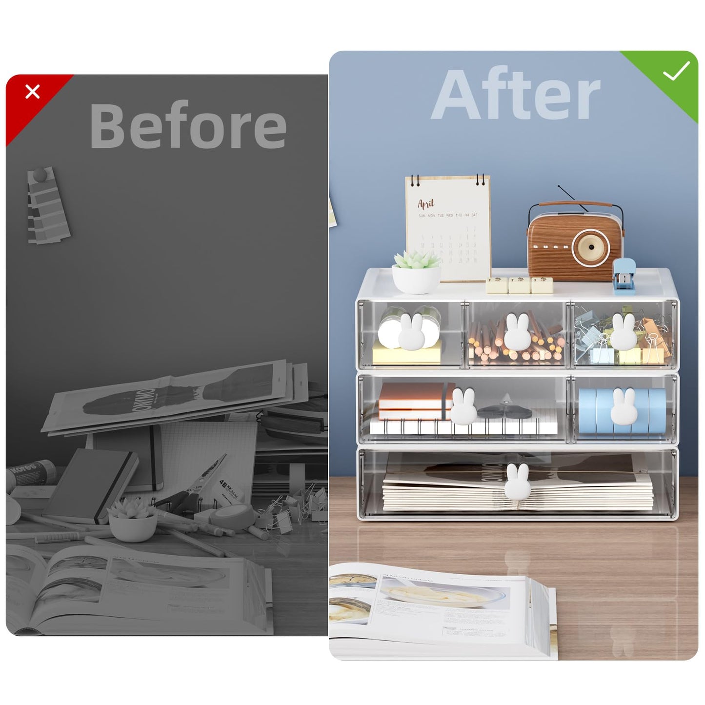 Desk Organizer with 6 Drawers, 3 Tier Stackable Storage Drawers Plastic Makeup Storage, Office Organizers and Storage, Desk Storage Box for Office, School, Home