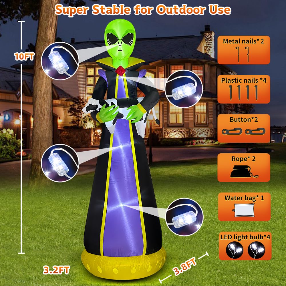 Halloween Inflatable Outdoor Decoration 10 FT Inflatable Alien Decoration Halloween Blow up Yard Decoration LED Lights Holiday Party Yard Lawn Halloween Decorations Garden