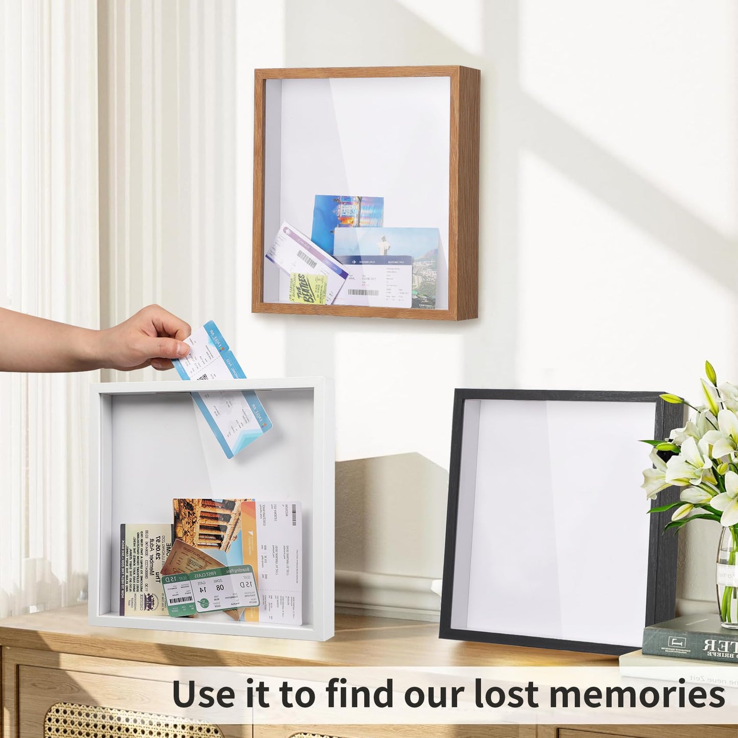 Travel Adventure Challenge Archive Shadow Box Picture Frame with Slot,8x8In Travel Ticket Card Memory Box for Keepsake Box, Top Loading Shadow Box Display Case Travel Decor Gift (Black,8x8)