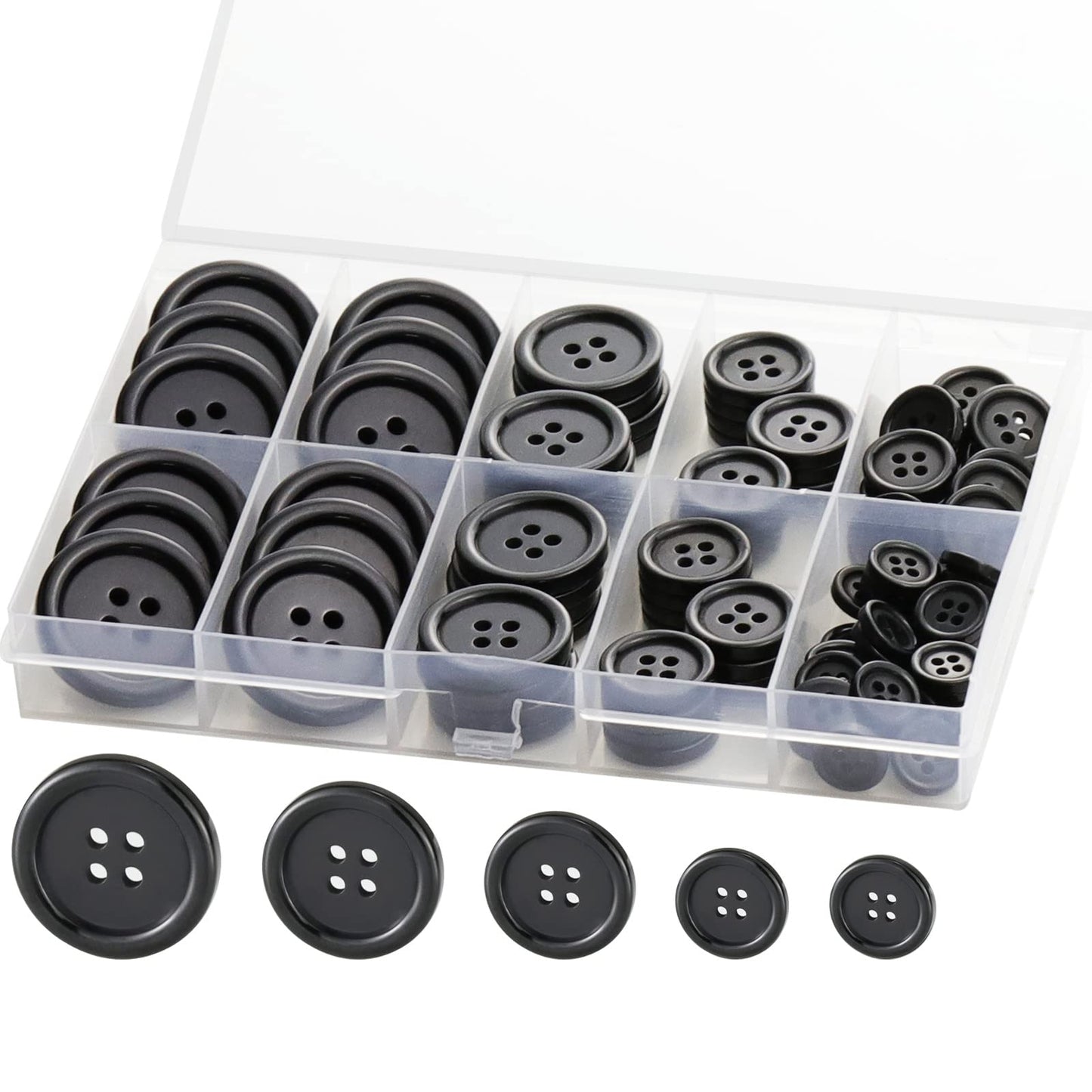100 Pcs Black Resin Sewing Buttons, 4-Hole Craft Suit Coat Shirt Buttons, 5 Sizes, Round Mixed, with Compartment Storage Box, Suitable for Sewing, DIY and Holiday Decoration