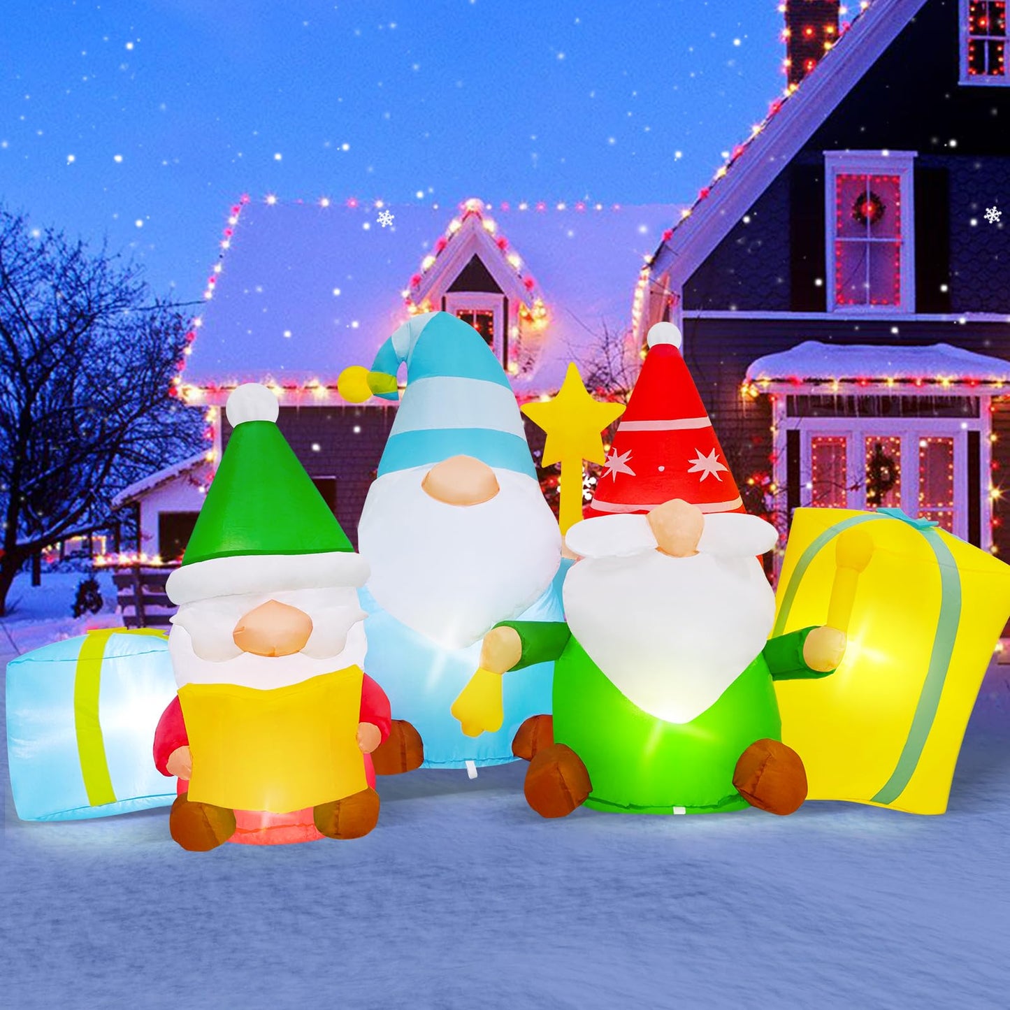 6 FT Long Christmas Inflatables 3 Gnomes Reading The Bible and Ringing The Bell Outdoor Decorations, Build in LEDs Inflatable Christmas Gnome Blow Up Yard Décor Holiday Xmas Indoor Patio Lawn