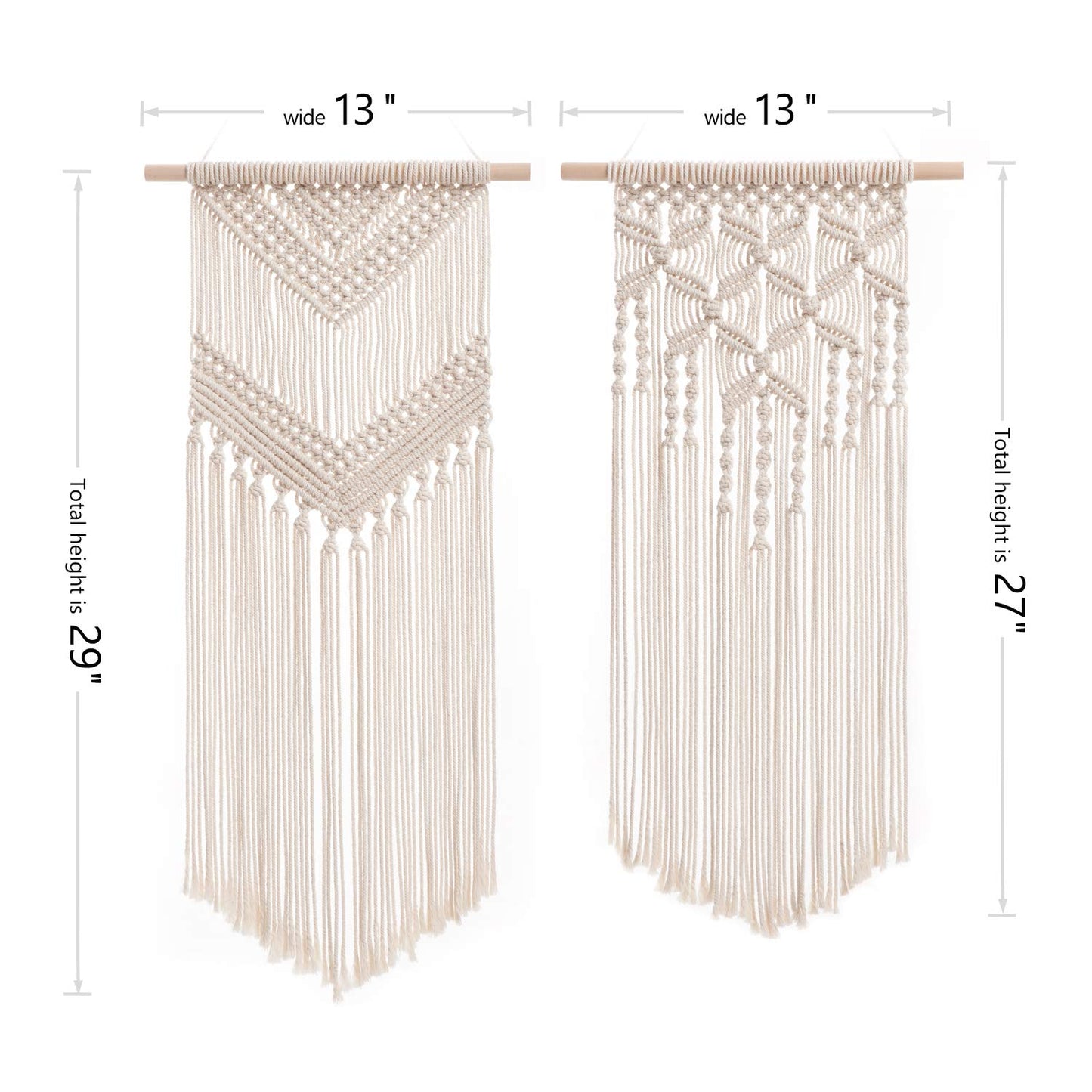 2 Pcs Macrame Wall Hanging Decor Woven Wall Art Macrame Tapestry Boho Chic Home Decoration for Apartment Bedroom Nursery Gallery,13" W×27" L and 13''W×29" L