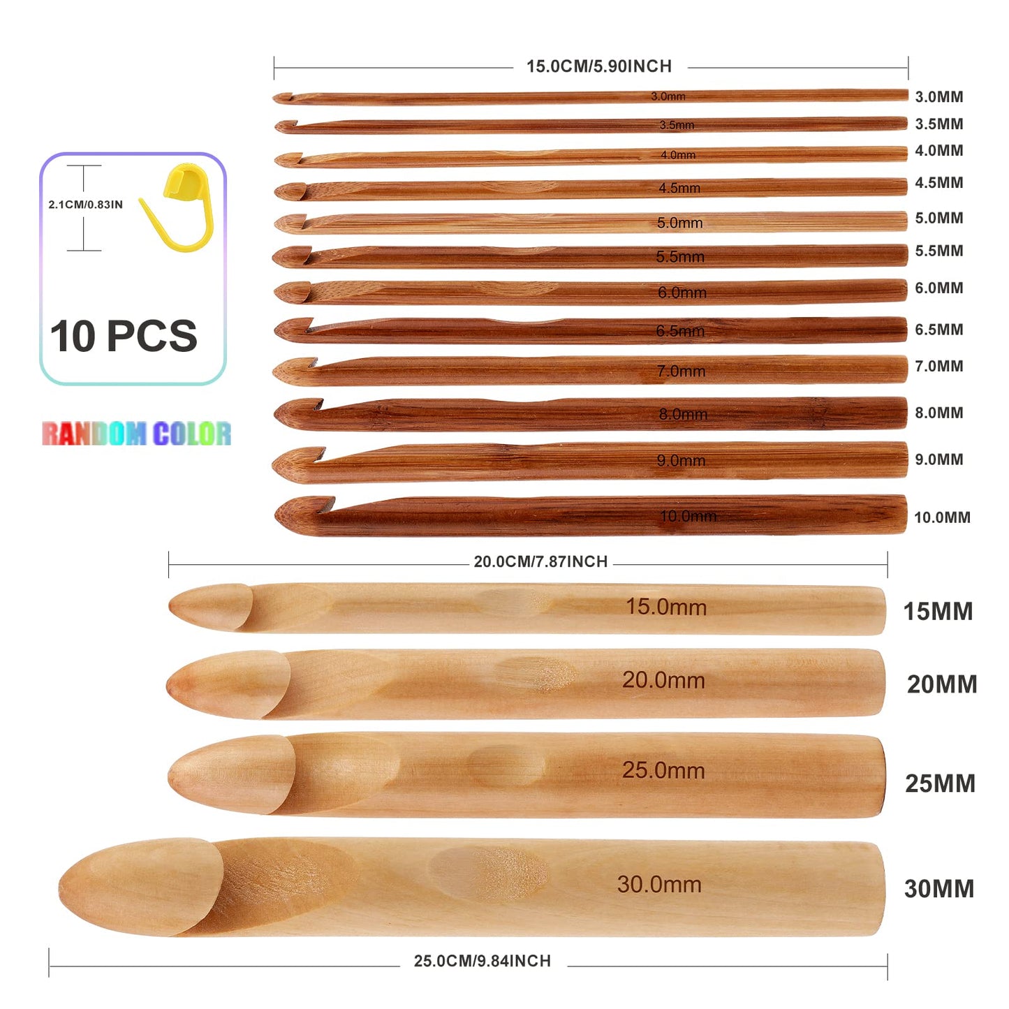 16 Pieces Wooden Crochet Hooks, 3 to 30 mm in Diameters Handle Crochet Hook Knitting Crochet Needles with 10 pcs Knitting Stitch Markers for Handcraft Crocheting