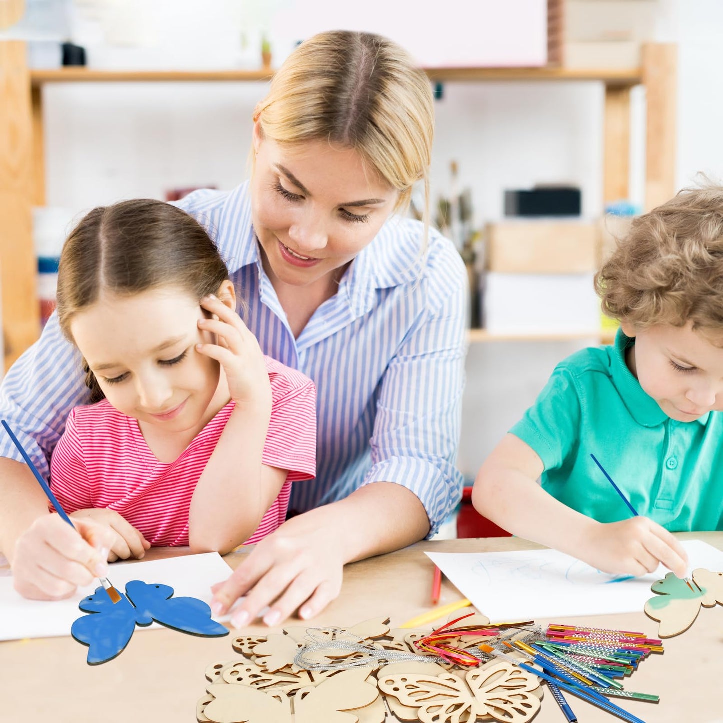 8 Pack 3D Butterfly Wind Chime Kit for Kids Make Your Own Butterfly Wind Chime Wooden Arts and Crafts for Kids DIY to Paint Butterfly Craft for Summer Spring Art Activity Birthday Party