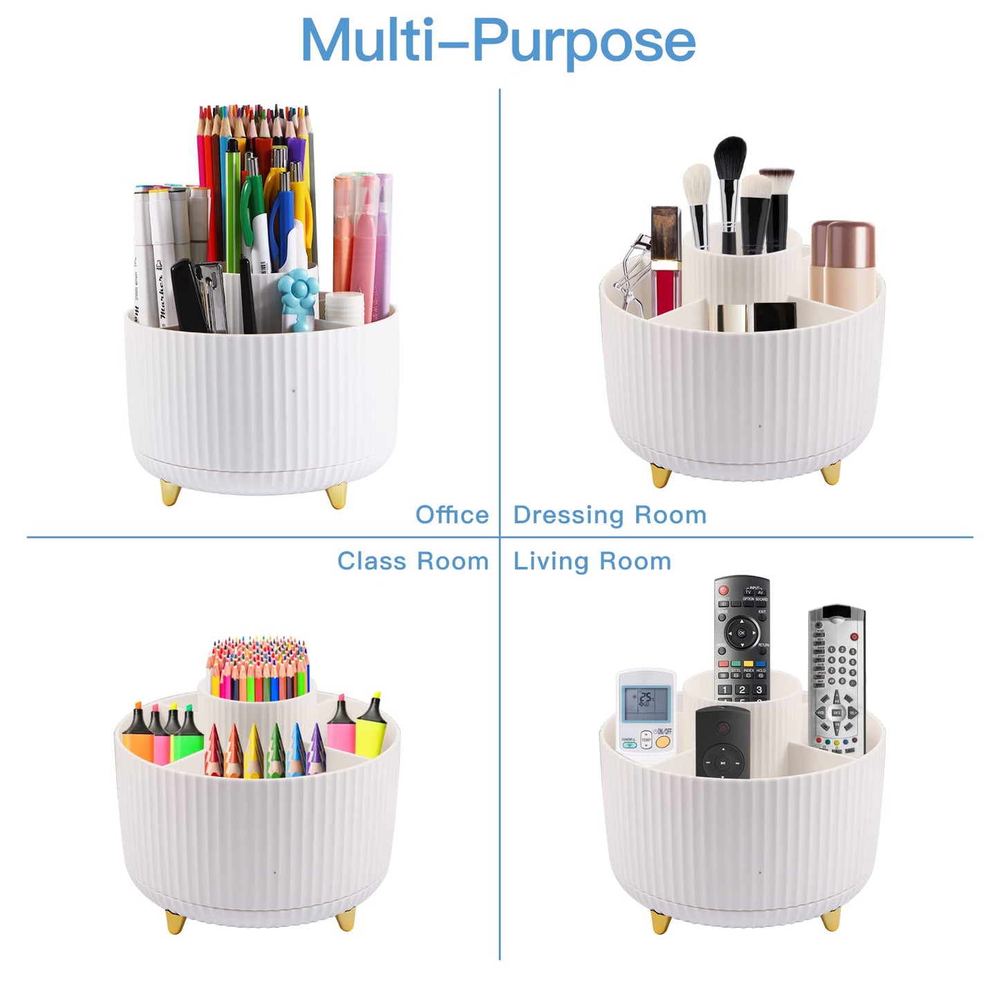 Pen Holder for Desk, Pencil Holder,5 Slots 360° Degree Rotating Desk Organizers and Accessories, Cute Pen Cup Pot for Office, School, Home, Art Supply (white)