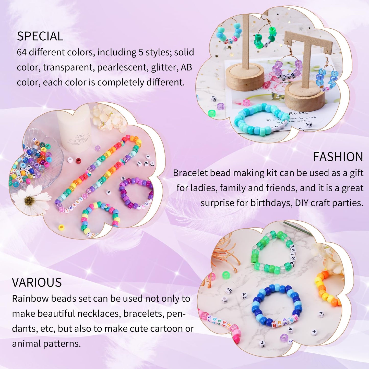 2350pcs, 64 Colors, Pony Beads for Bracelet Making Kit, Rainbow Kandi Beads Friendship Bracelet Kit, Letter Beads and Elastic Strings for Bracelet Necklace Making, Craft Gifts Set for Girls