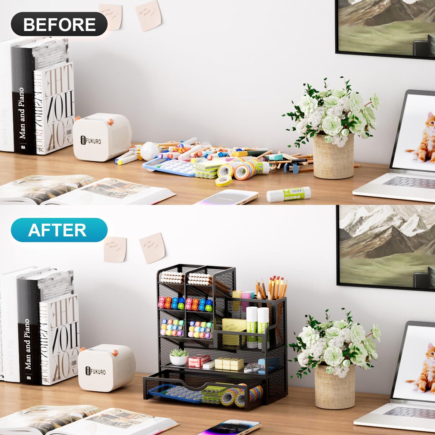 Mesh Pen Holder for Desk, Multi-Functional Pencil Organizer with Drawer, Desk Organizers and Accessories for Office Art Supplies (Black)