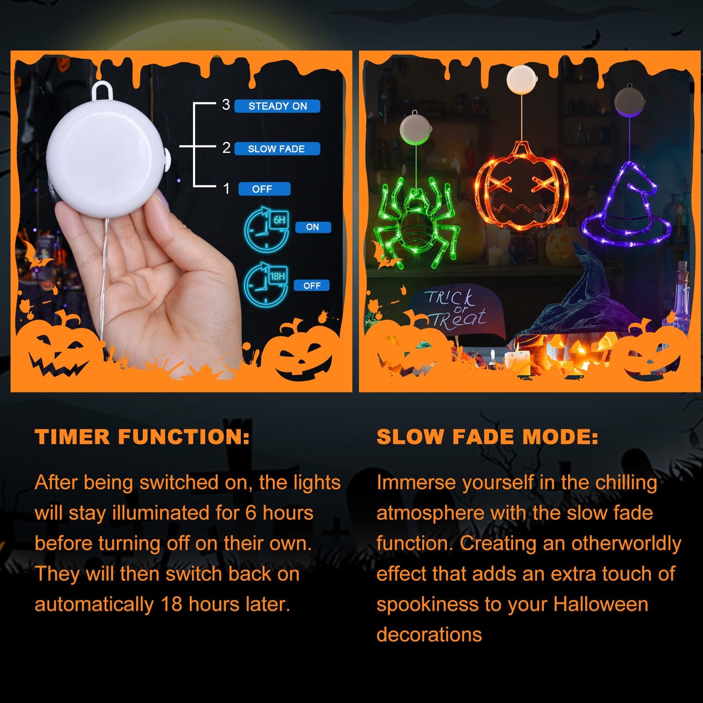 Halloween Decorations 3 Pack - Orange Pumpkin, Green Spider, Purple Witch Hat Window Lights With Suction Cup - Battery Operated, Upgrade Slow Fade Mode, Timer Function