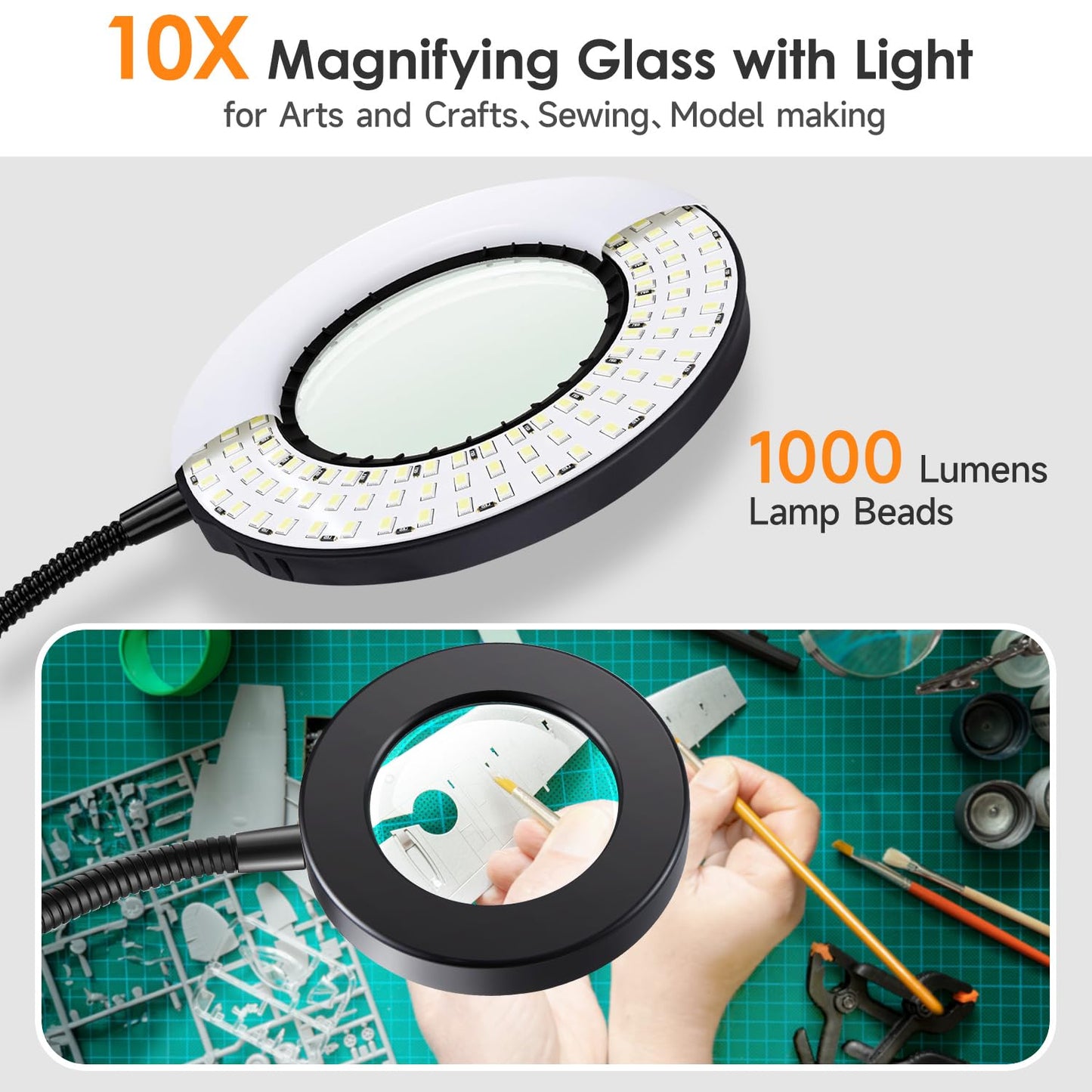 Magnifying Glass with Light 5X, 9w Clip on Light, 48 LED Desk Lamp wtih Clamp Light, 3 Modes Dimmable Magnifying LED Lamps for Bed Work Crafts Workbench