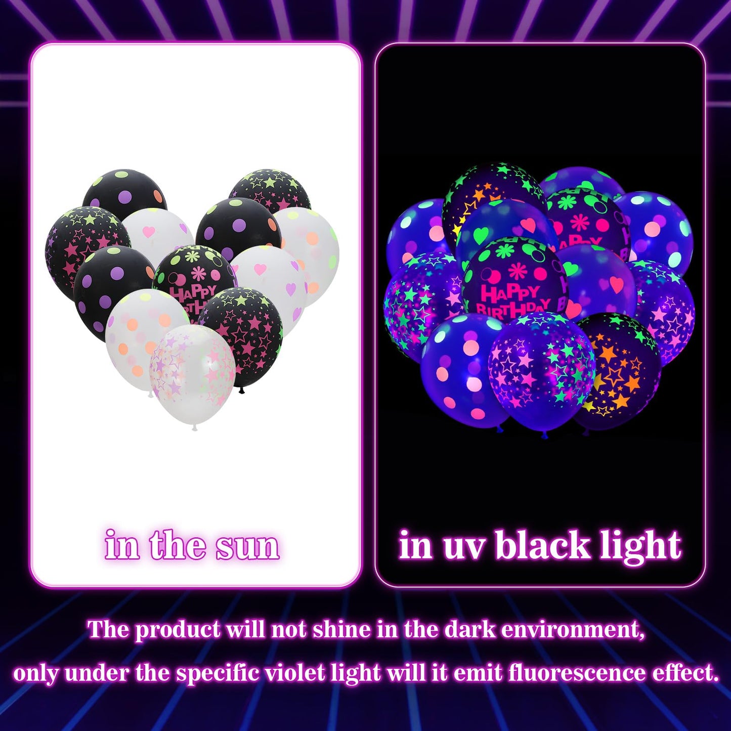 60 Pcs UV Neon Balloons, 14 Inch UV Black Light Balloons Glow in the dark for Birthday Decorations Wedding Glow Party Supplies Blacklight Carnival