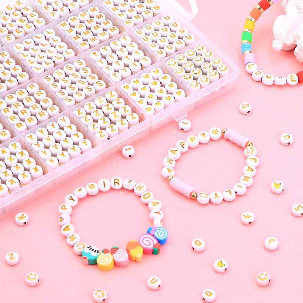 1400pcs Round Letter Beads for Jewelry Making, 28 Style Gold A-Z Alphabet Acrylic Beads Kits Heart Beads for Bracelets Making (4 * 7mm)