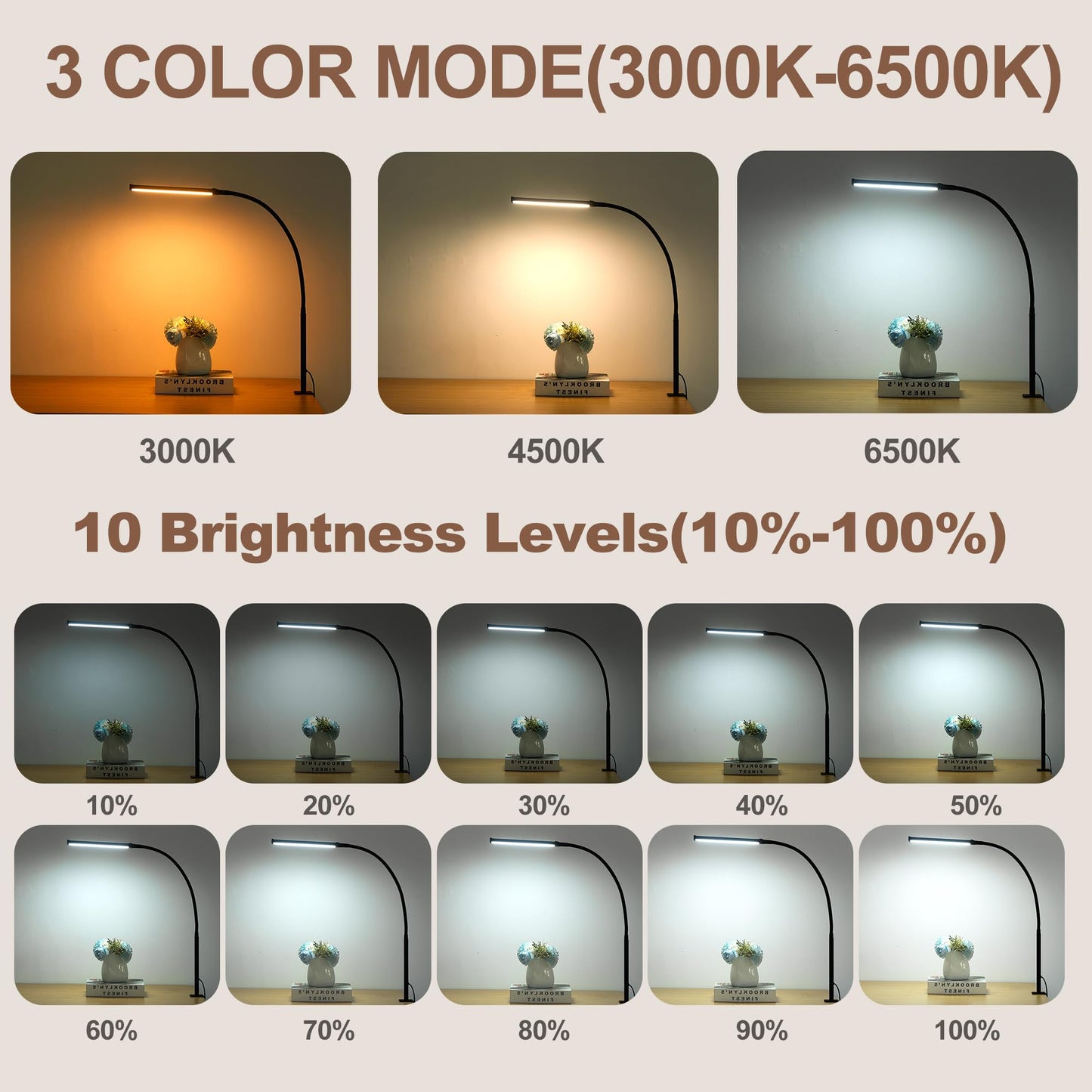 Led Desk Lamp for Home Office, Eye-Caring Desk Light with Clamp, Clip on Light for Reading, 3 Modes 10 Brightness, Flexible Gooseneck, Memory Function, Study, Work, Draw, Black