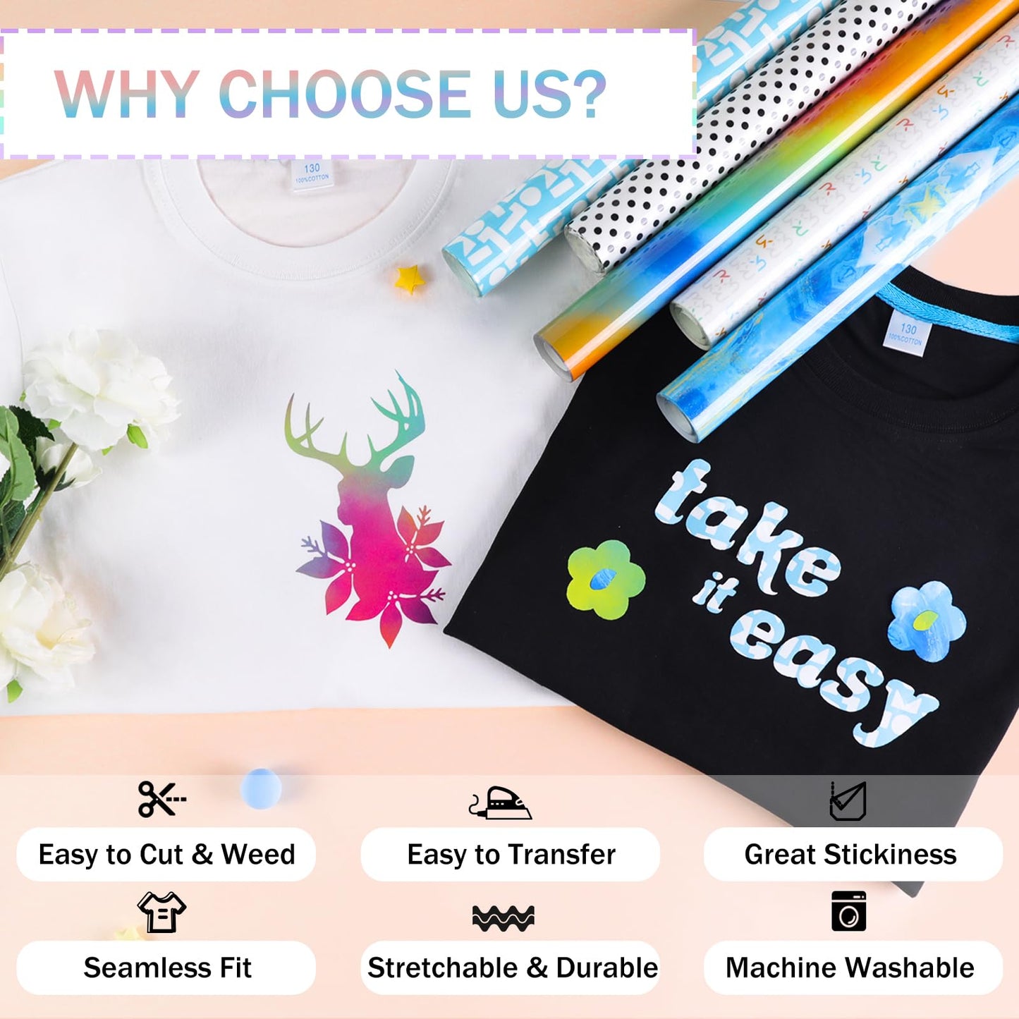 Tie Dye HTV Heat Transfer Vinyl Rolls - 12" x 8ft Watercolor HTV for Shirts, Easy to Cut & Weed for Heat Vinyl Design