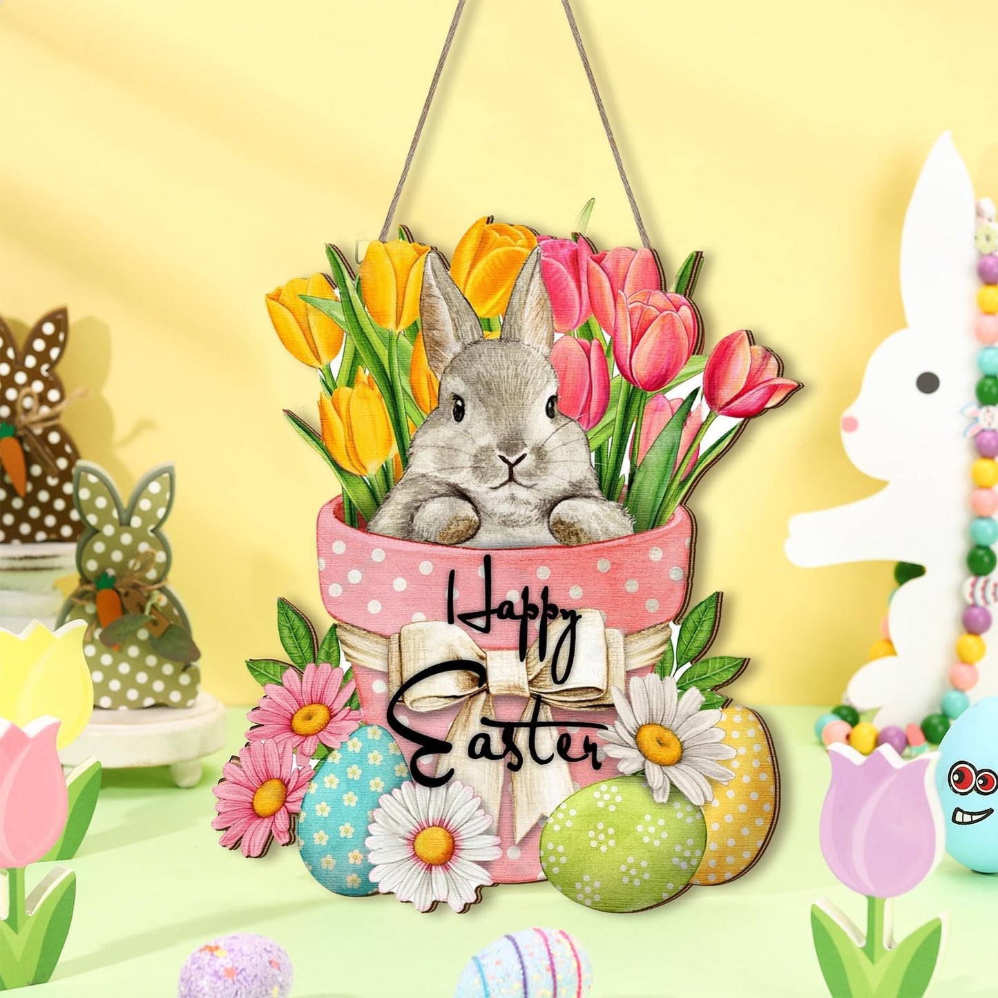 Happy Easter Hanging Sign for Front Door Wooden Easter Decoration for Home Indoor Outdoor Wall(Cute Rabbit)