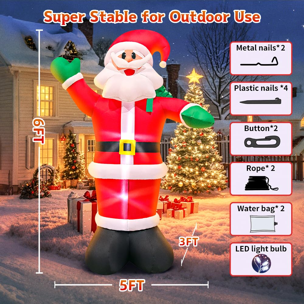 6 FT Inflatable Santa, Christmas Inflatable Santa Claus with Gift Bag, Santa Blow up Yard Decorations Built-in LED Lights Party Lawn Holiday Xmas Winter Outdoor Décor