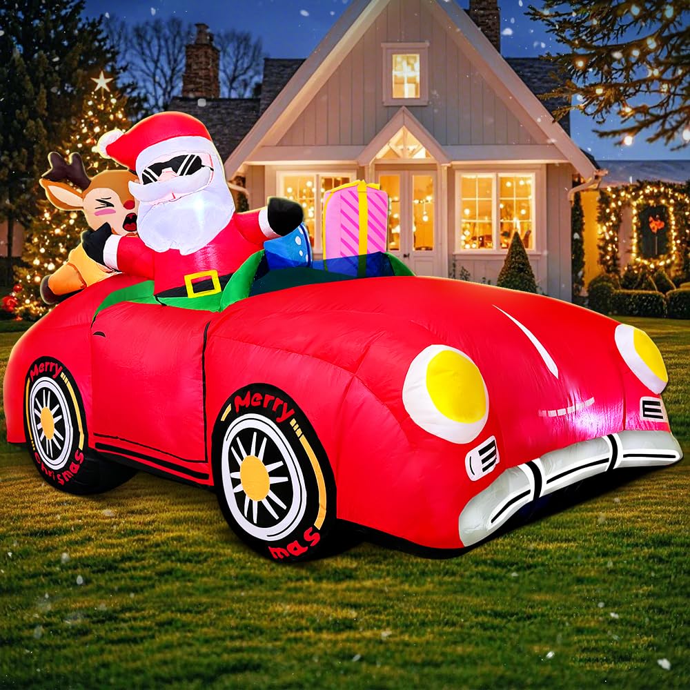6.5 FT Christmas Inflatables Red Car Santa Claus and Reindeer Drive Truck Blow Up Giant Yard Decoration Bright LED Lights for Garden Yard Lawn Outdoor Indoor Holiday Xmas Gifts