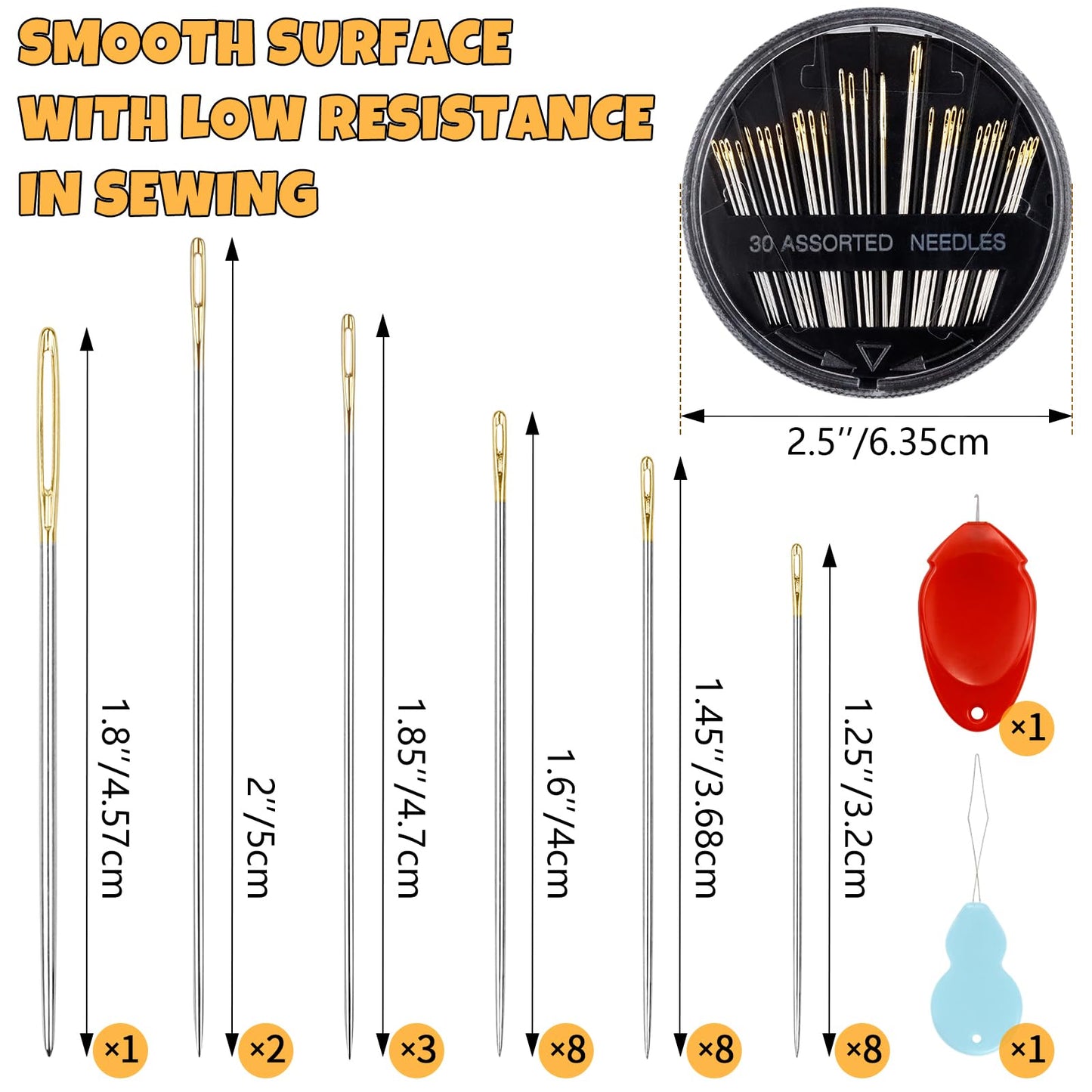 30-Count Premium Hand Sewing Needles, 6 Sizes Embroidery Needles Kit with Threaders for Hand Sewing Crafts,Large Eye Sewing Needle Kit for Art and Craft Projects