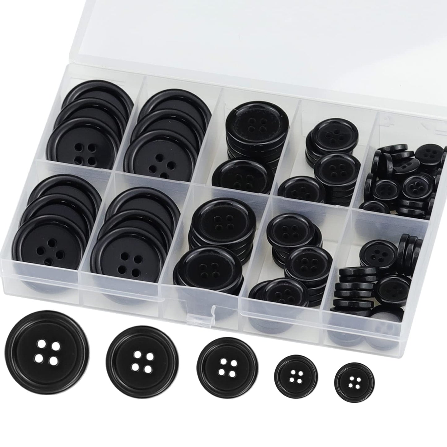 100 Pcs Black Resin Sewing Buttons, 4-Hole Craft Suit Coat Shirt Buttons, 5 Sizes, Round Mixed, with Compartment Storage Box, Suitable for Sewing, DIY and Holiday Decoration